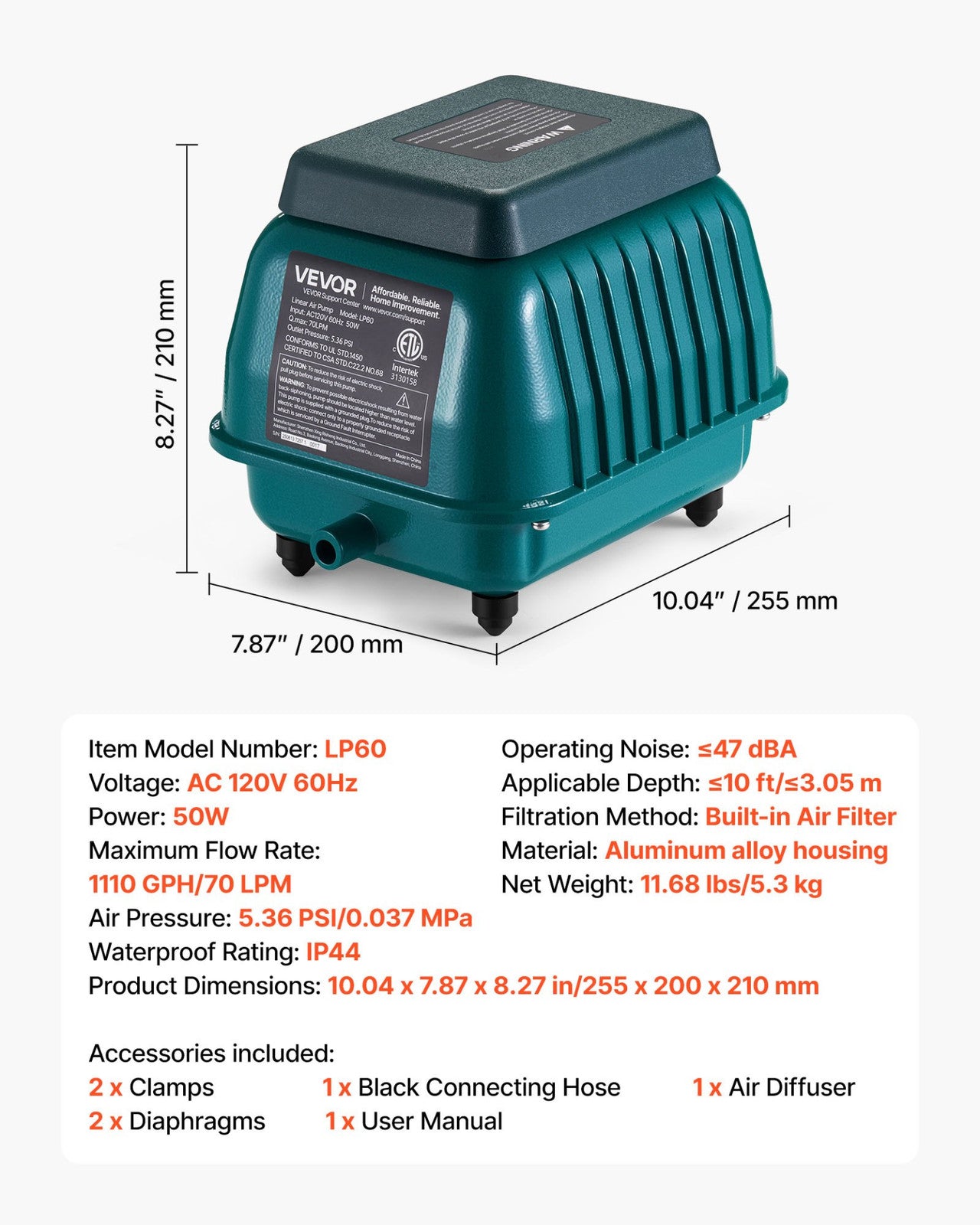 VEVOR 50W Linear Air Pump | 1110 GPH Septic & Pond Aerator | For 10ft Depth