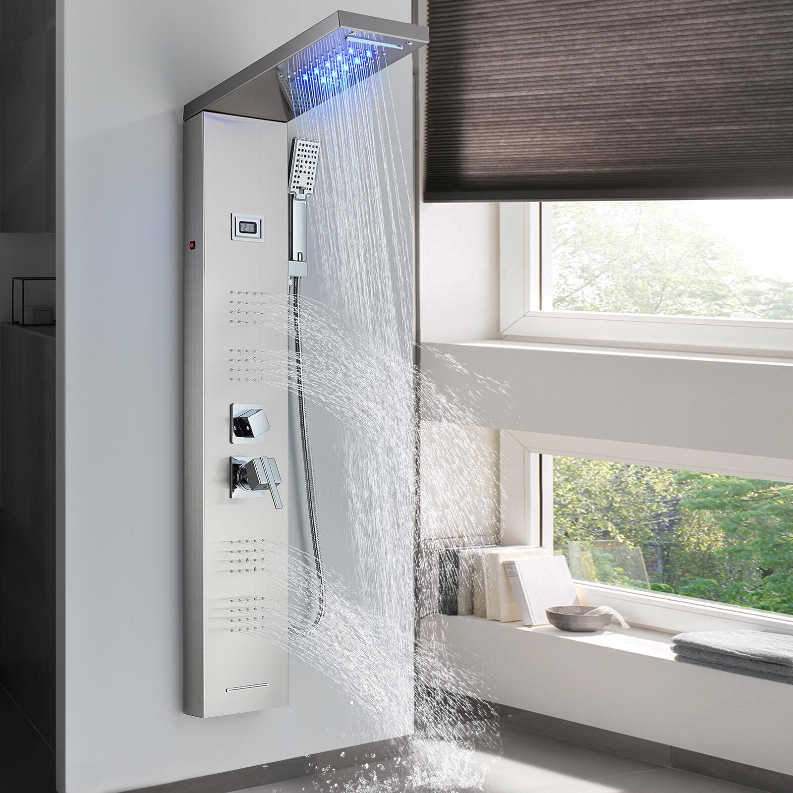 LED Shower Panel Tower Massage System Rain&Waterfall Jets Faucet Stainless Steel