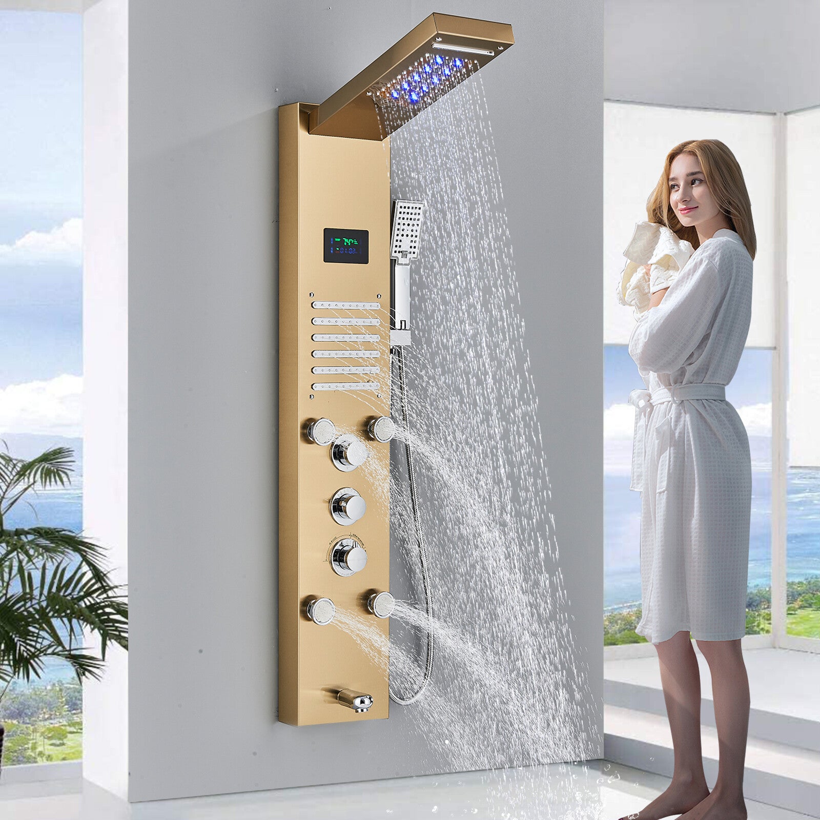 LED Shower Panel Tower Massage System Rain&Waterfall Jets Faucet Stainless Steel