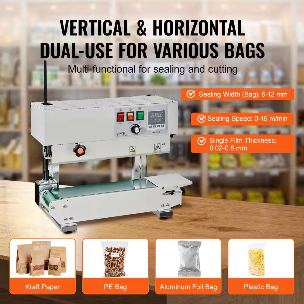 Continuous Bag Band Sealing Machine, White, Food Vacuum Sealer with Digital Temp