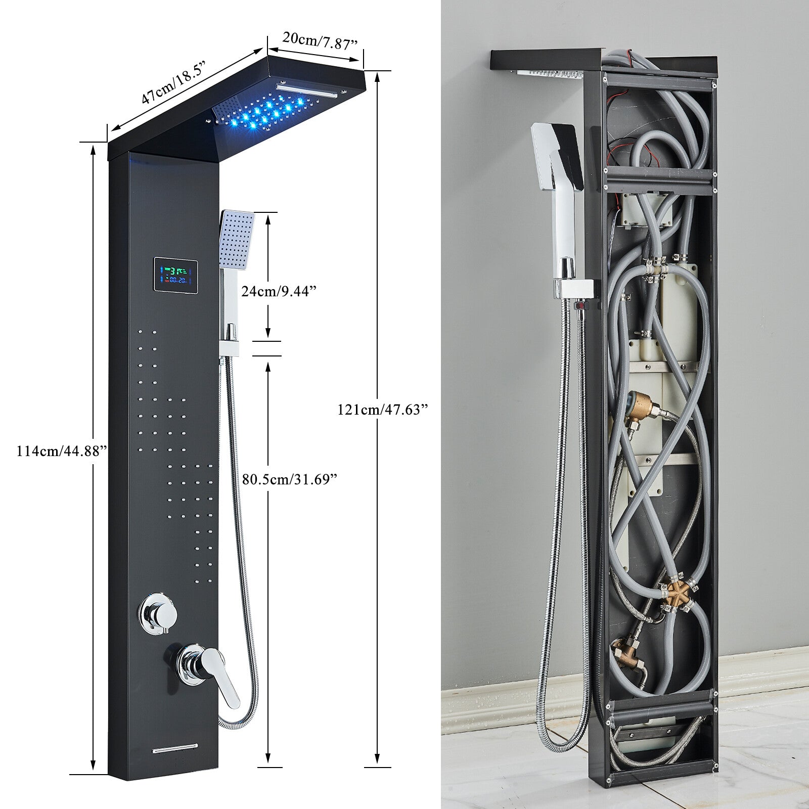 LED Shower Panel Tower Massage System Rain&Waterfall Jets Faucet Stainless Steel