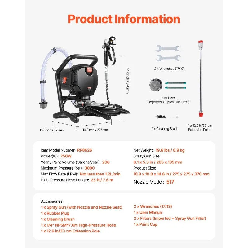 Stand Airless Paint Sprayer 750W 3000PSI Electric Airless Sprayer Handheld
