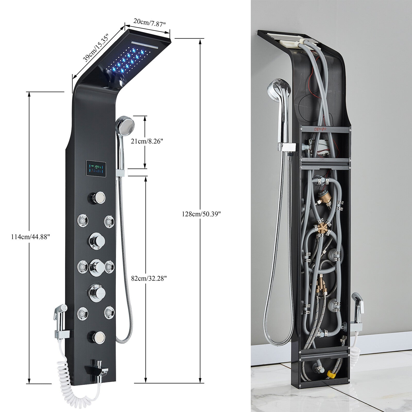 LED Shower Panel Tower Massage System Rain&Waterfall Jets Faucet Stainless Steel