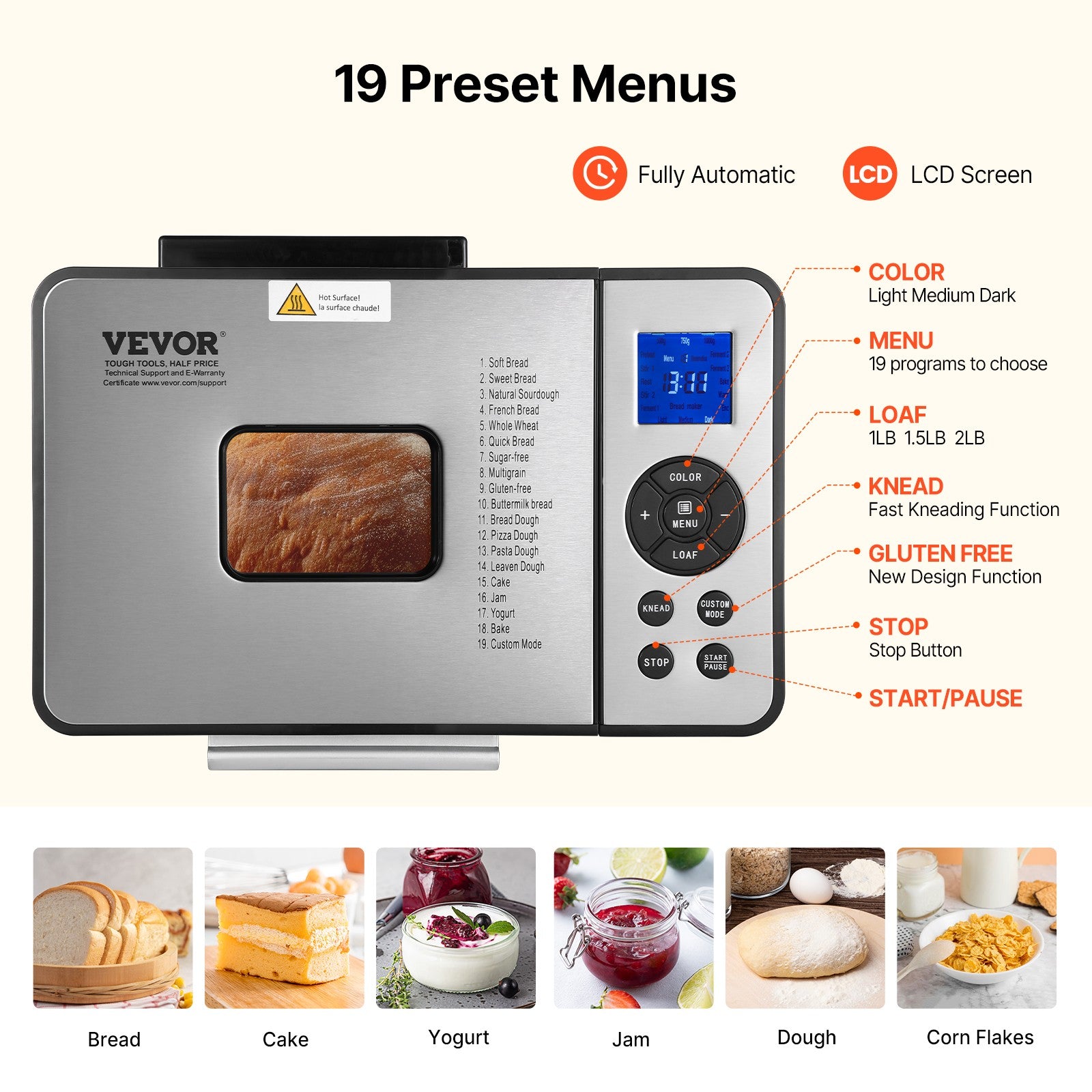 VEVOR 2LB 19-in-1 Bread Maker Automatic Compact Dough Machine Nonstick 3 Colors