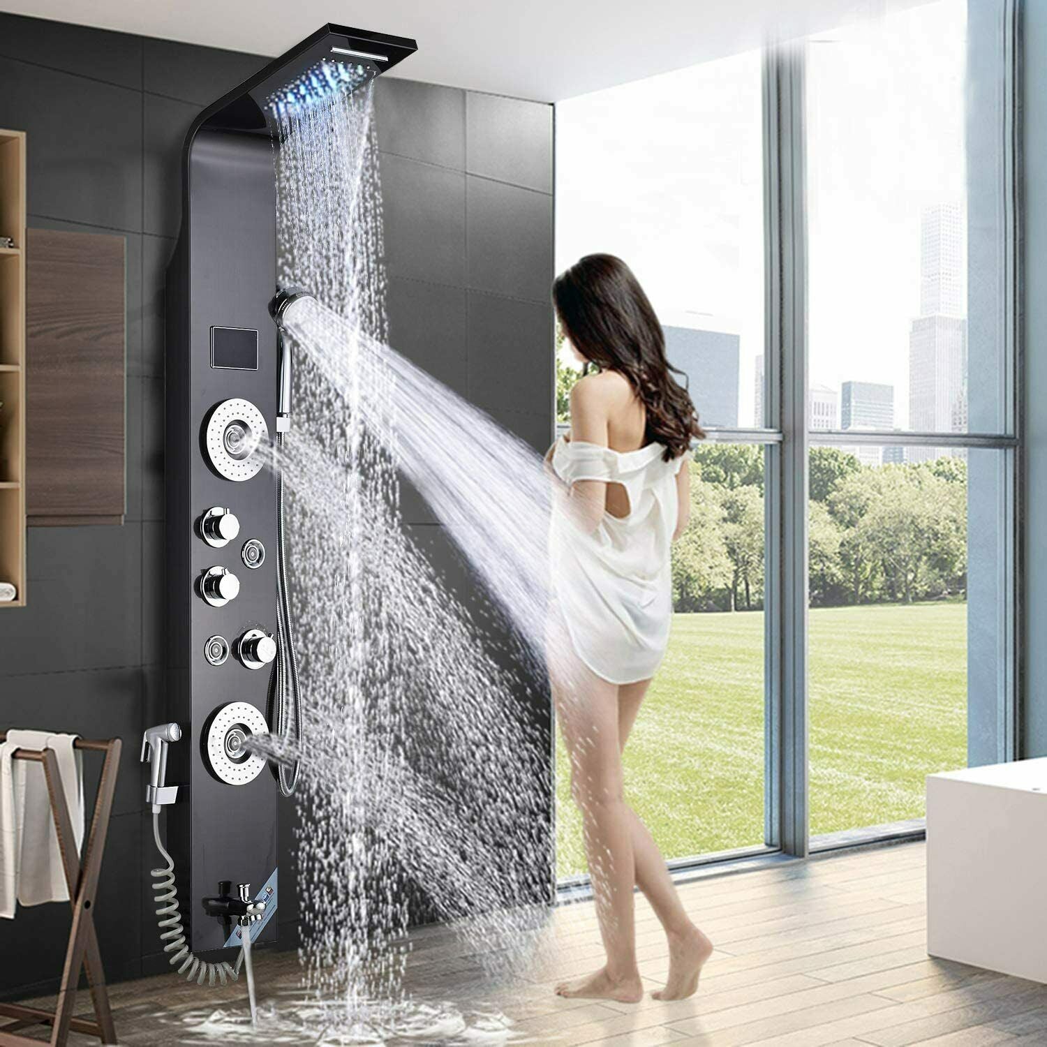 LED Shower Panel Tower Massage System Rain&Waterfall Jets Faucet Stainless Steel