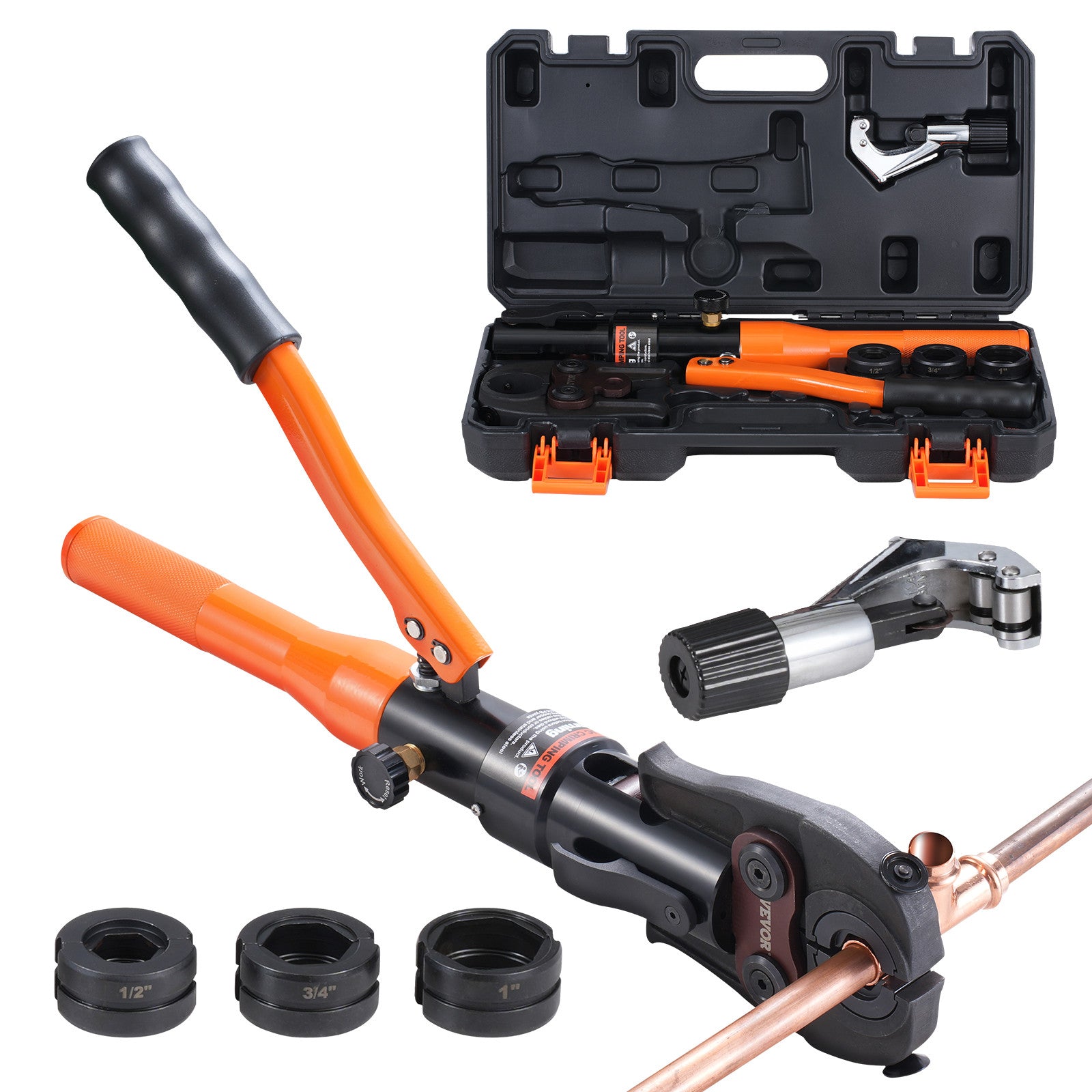 Copper Tube Fittings Crimping Tool with 1/2" 3/4" 1" Jaws Pipe Cutter