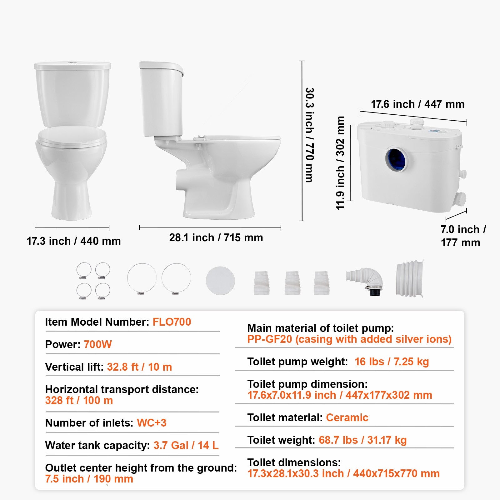 Uimoso Macerating Toilet System with 700W Pump Upflush Toilet For Basement