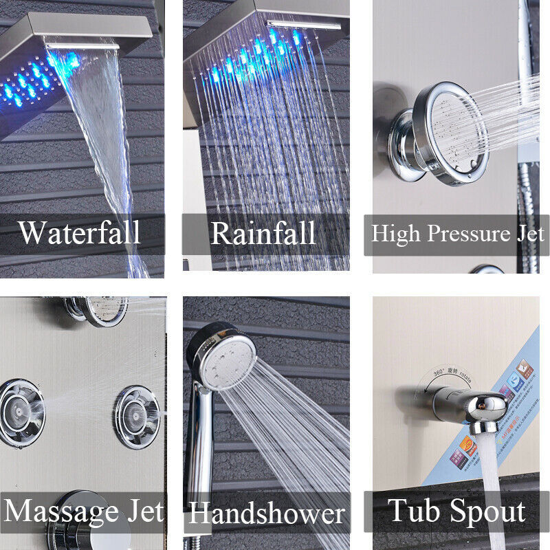 LED Shower Panel Tower Massage System Rain&Waterfall Jets Faucet Stainless Steel