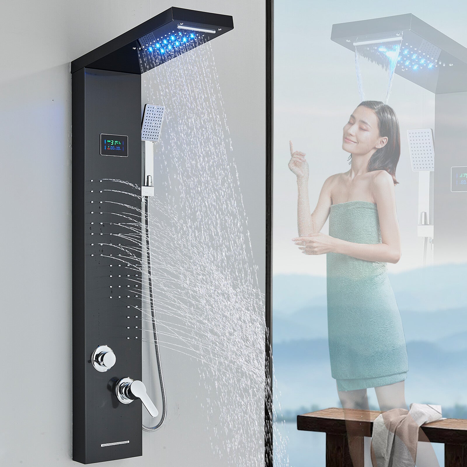LED Shower Panel Tower Massage System Rain&Waterfall Jets Faucet Stainless Steel