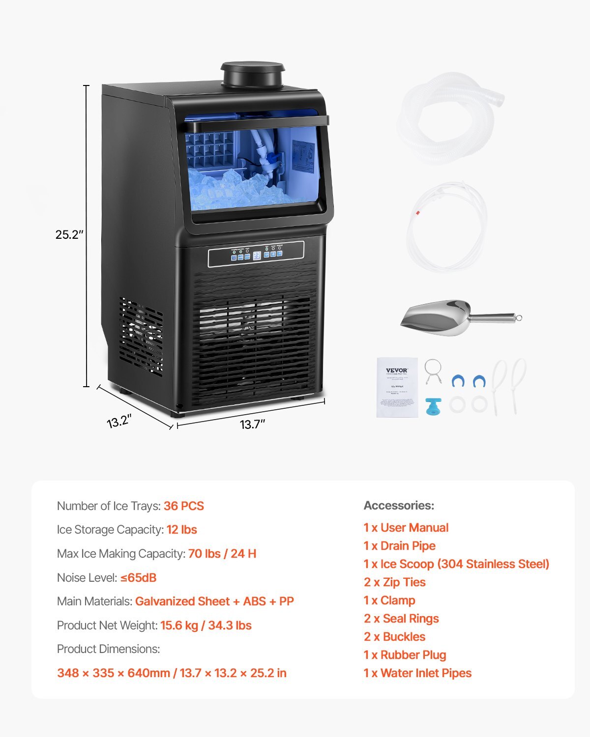 VEVOR Freestanding Commercial Ice Maker Machine 70lbs/24H Two Ways to Add Water