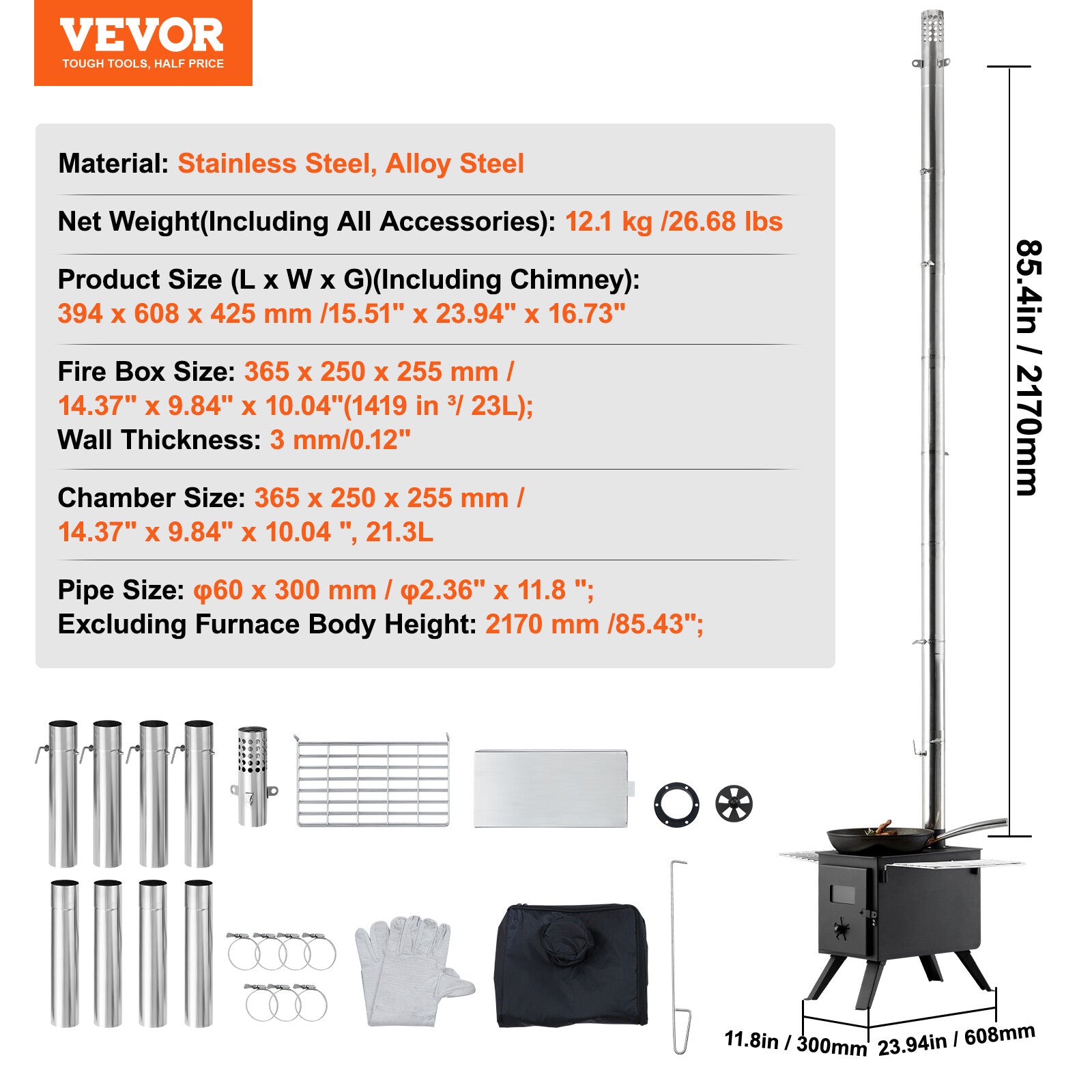 VEVOR Outdoor 86 in Portable Camping Tent Wood Stove Wood Burning BBQ Stove