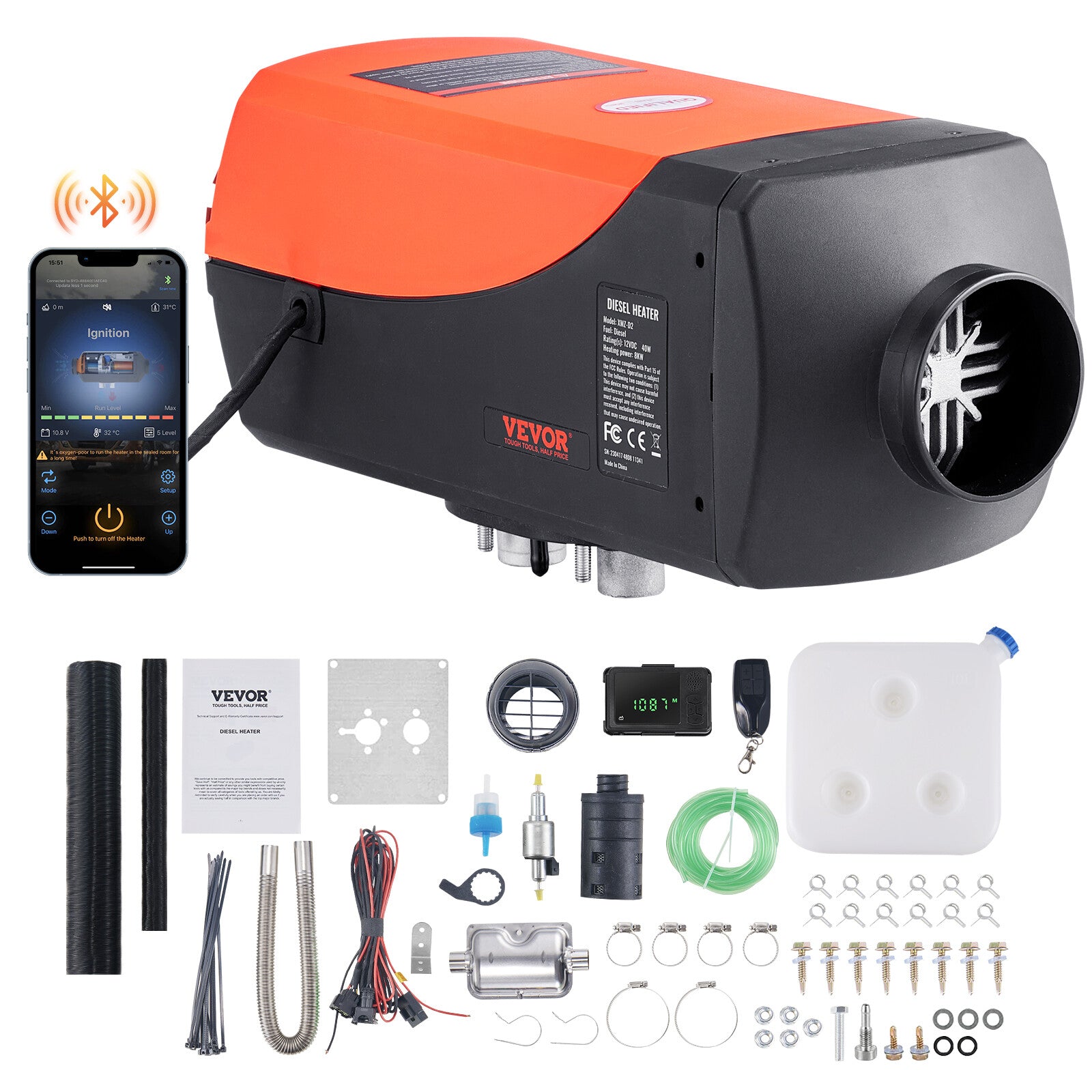 VEVOR Diesel Air Heater 12V 8KW Bluetooth App LCD Display for Car Bus RV Indoors