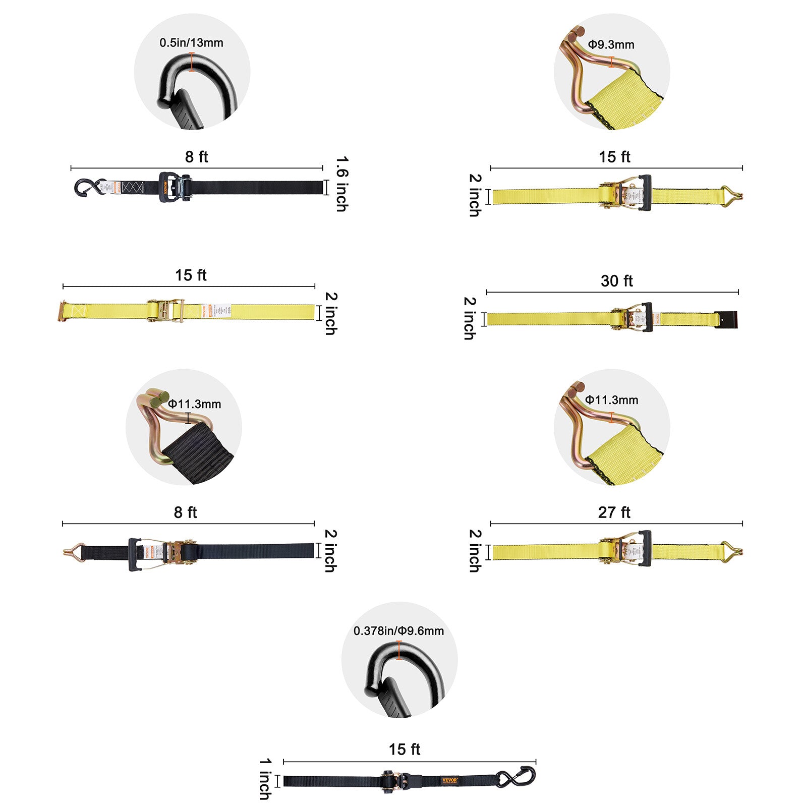 VEVOR Ratchet Straps Tie Down Strap 2"x 8' ,15',27',30' w/J Hook/E-Track 8 Pack