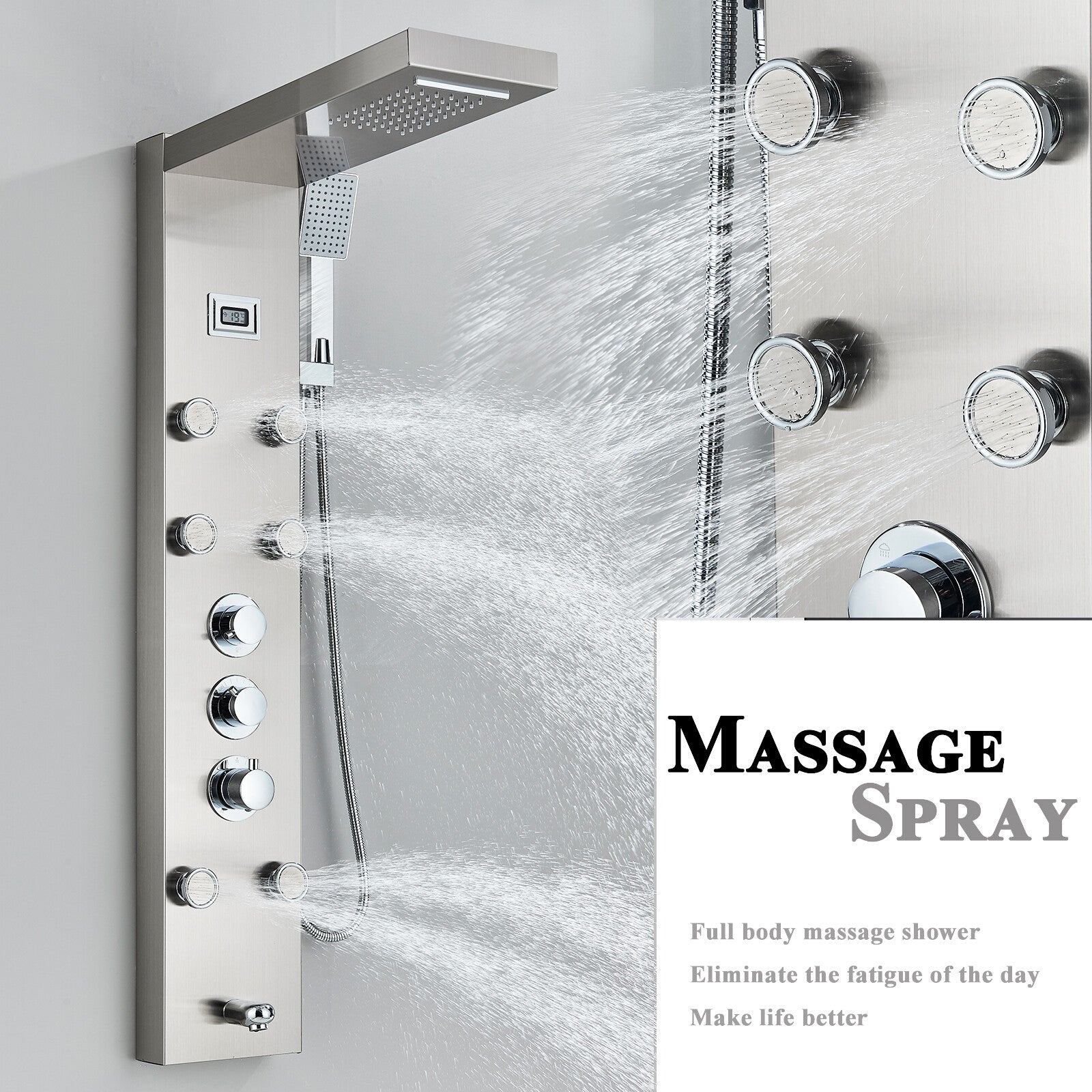 LED Shower Panel Tower Massage System Rain&Waterfall Jets Faucet Stainless Steel