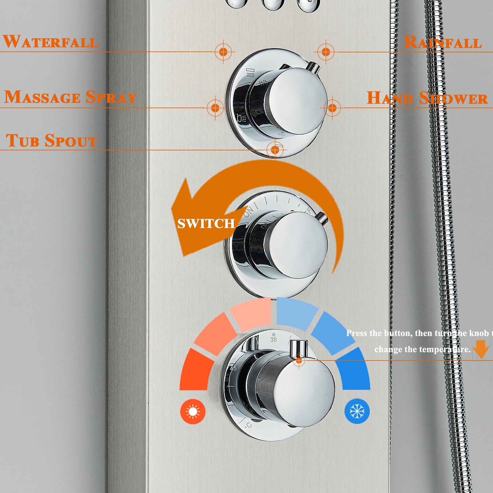 LED Shower Panel Tower Massage System Rain&Waterfall Jets Faucet Stainless Steel