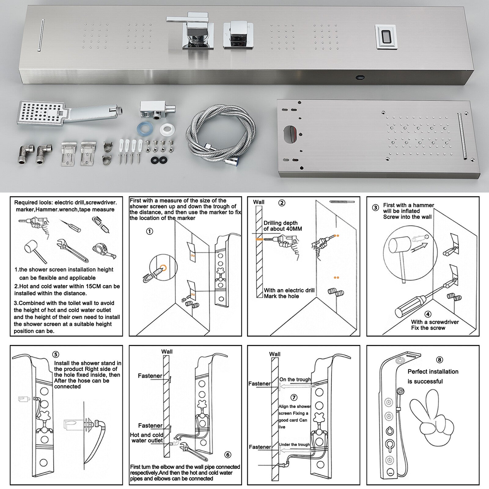 LED Shower Panel Tower Massage System Rain&Waterfall Jets Faucet Stainless Steel