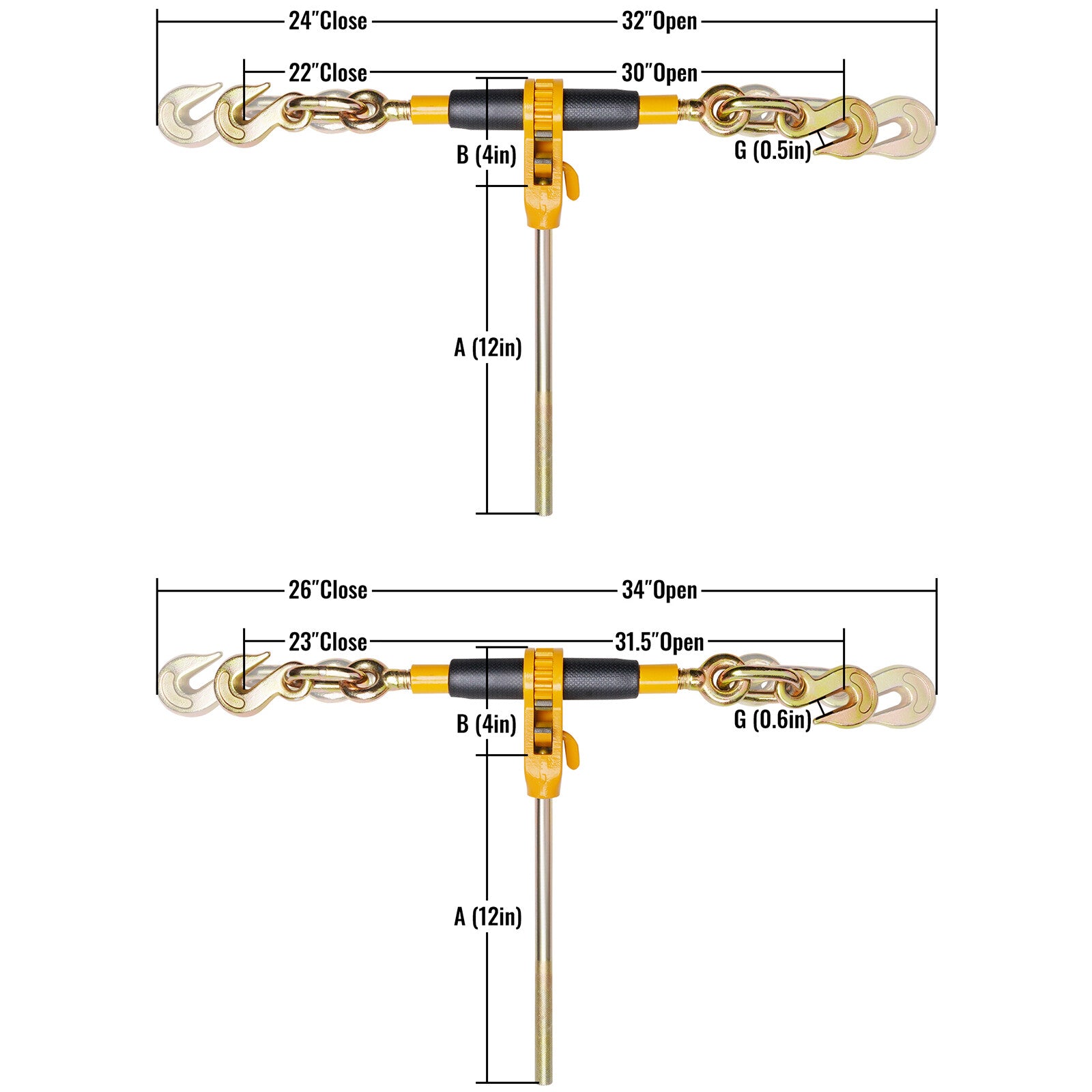 VEVOR Ratchet Binder 3/8"-1/2",5/16"-3/8" Chain Load Binders w/ G80 Hooks 4 Pack