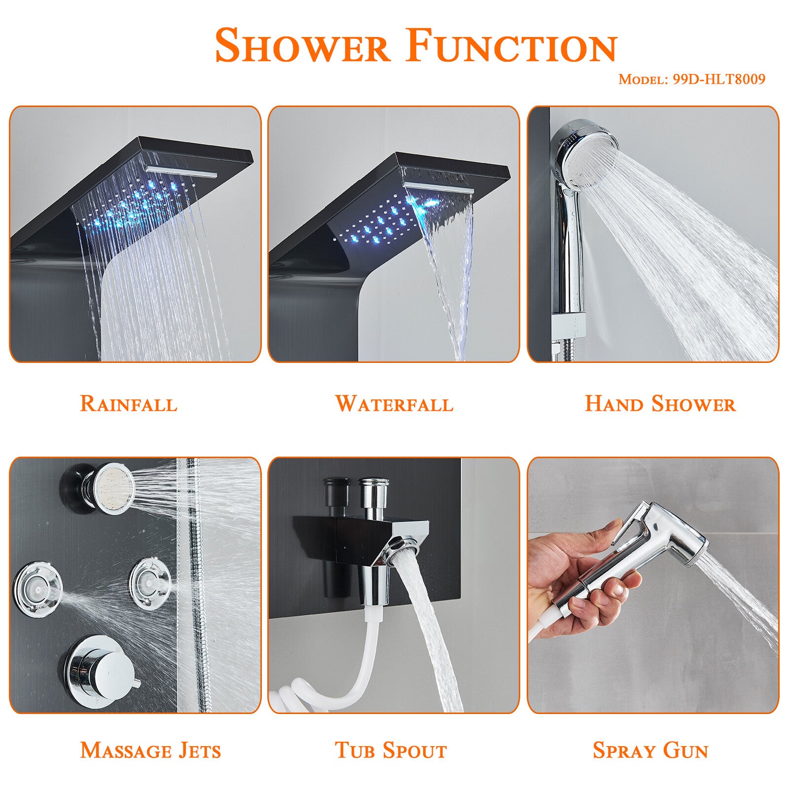 LED Shower Panel Tower Massage System Rain&Waterfall Jets Faucet Stainless Steel