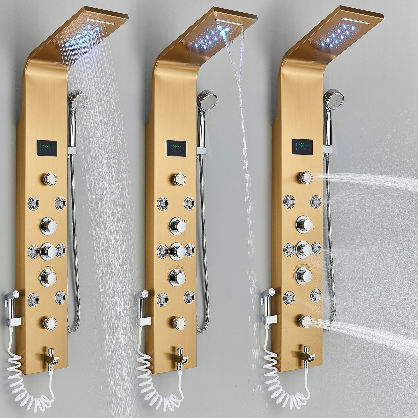 LED Shower Panel Tower Massage System Rain&Waterfall Jets Faucet Stainless Steel