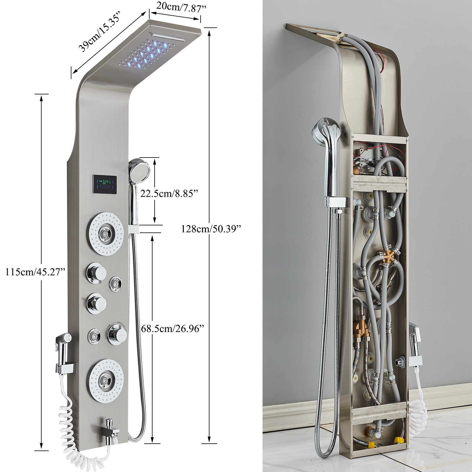 LED Shower Panel Tower Massage System Rain&Waterfall Jets Faucet Stainless Steel