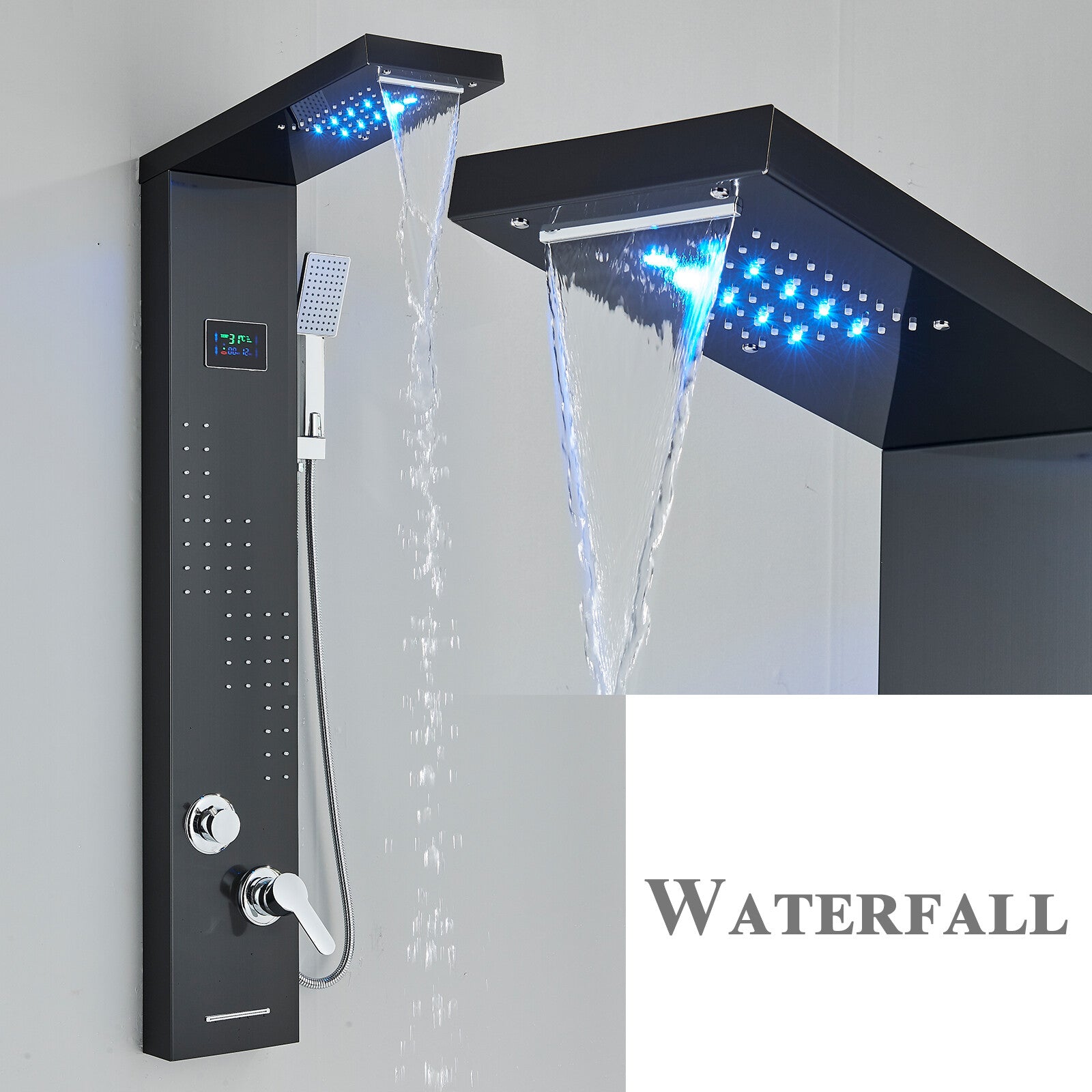 LED Shower Panel Tower Massage System Rain&Waterfall Jets Faucet Stainless Steel