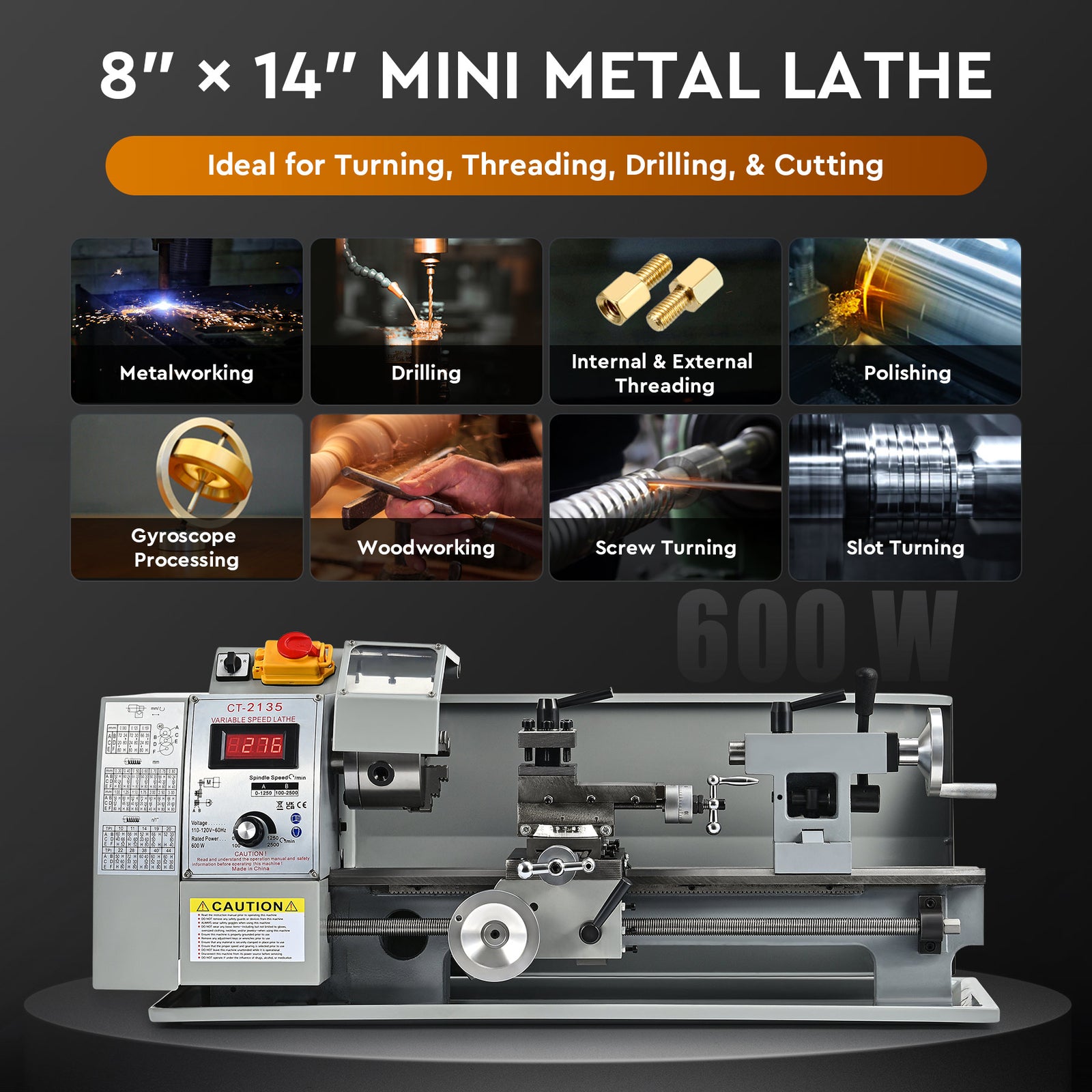 8"x14" Mini Metal Lathe Variable Speed Digital Metalworking Machine 2250RPM 600W