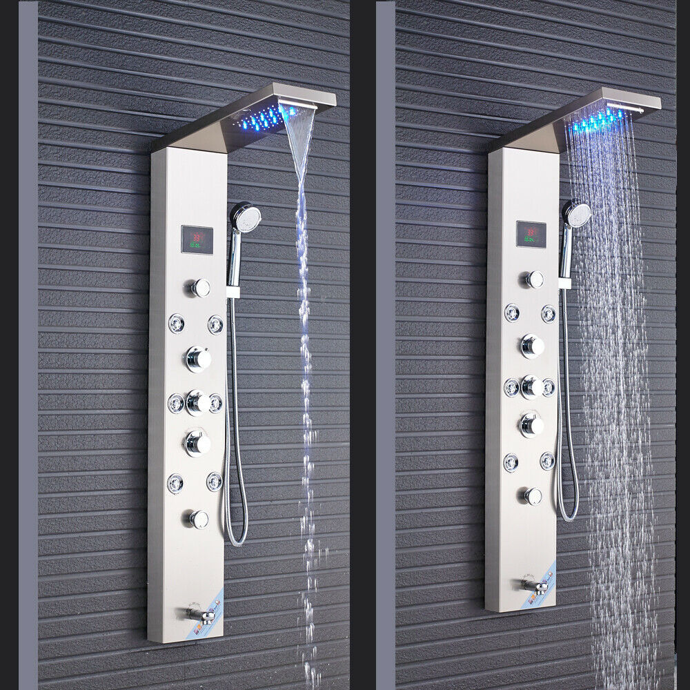 LED Shower Panel Tower Massage System Rain&Waterfall Jets Faucet Stainless Steel