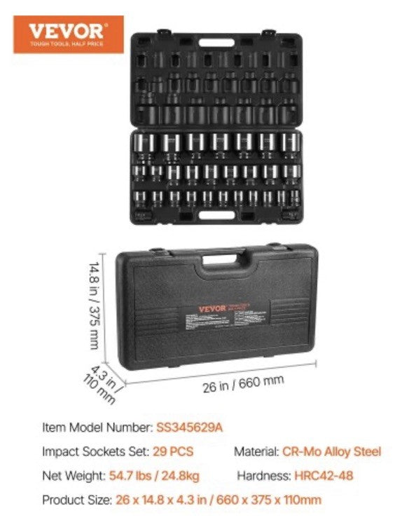 VEVOR 3/4" Impact Socket Set, 29-Piece, 6-Point, CR-M0, SAE 3/4"-2-1/2", w/ Case
