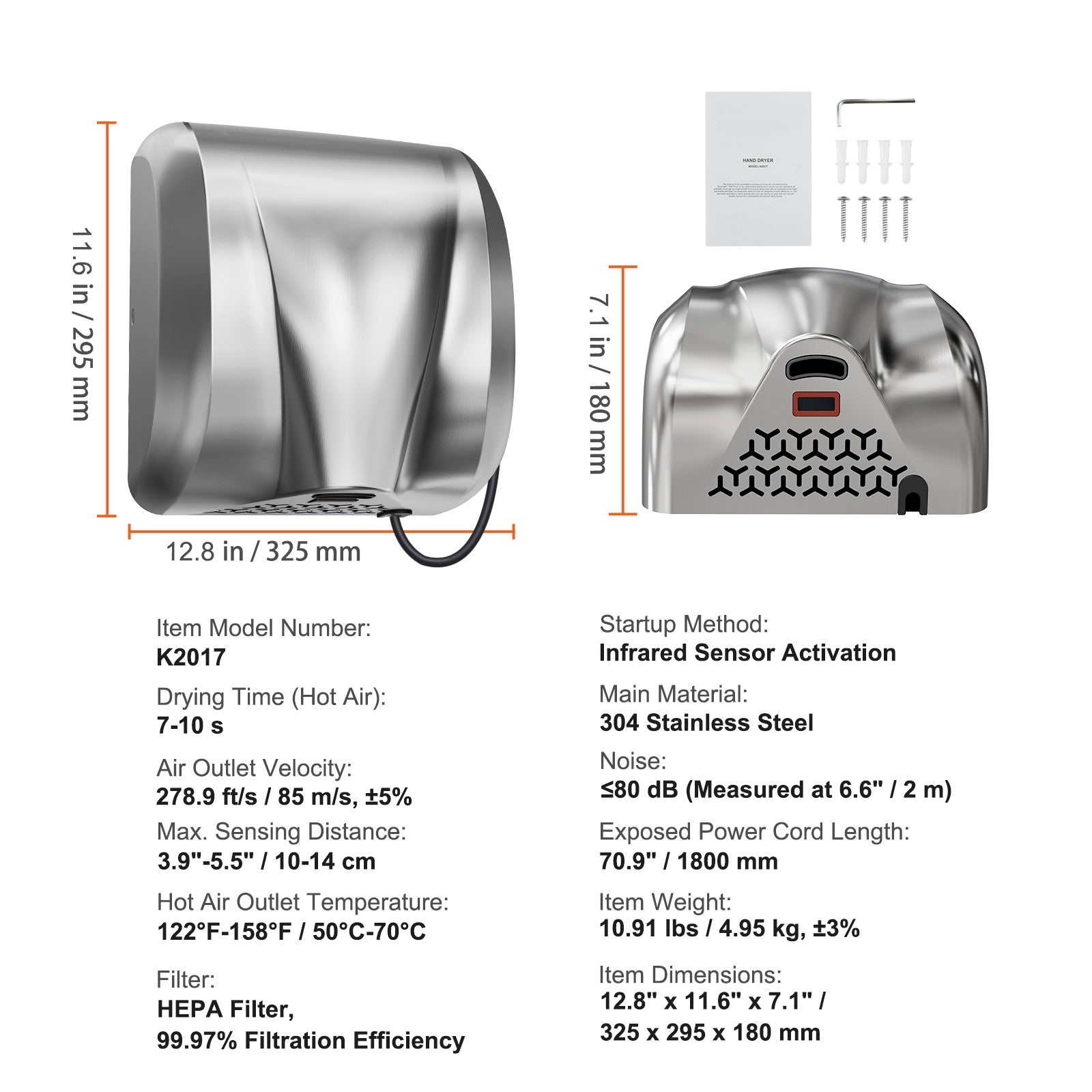 Uimoso 1300W Hand Dryer Commercial Automatic High Speed Stainless Steel