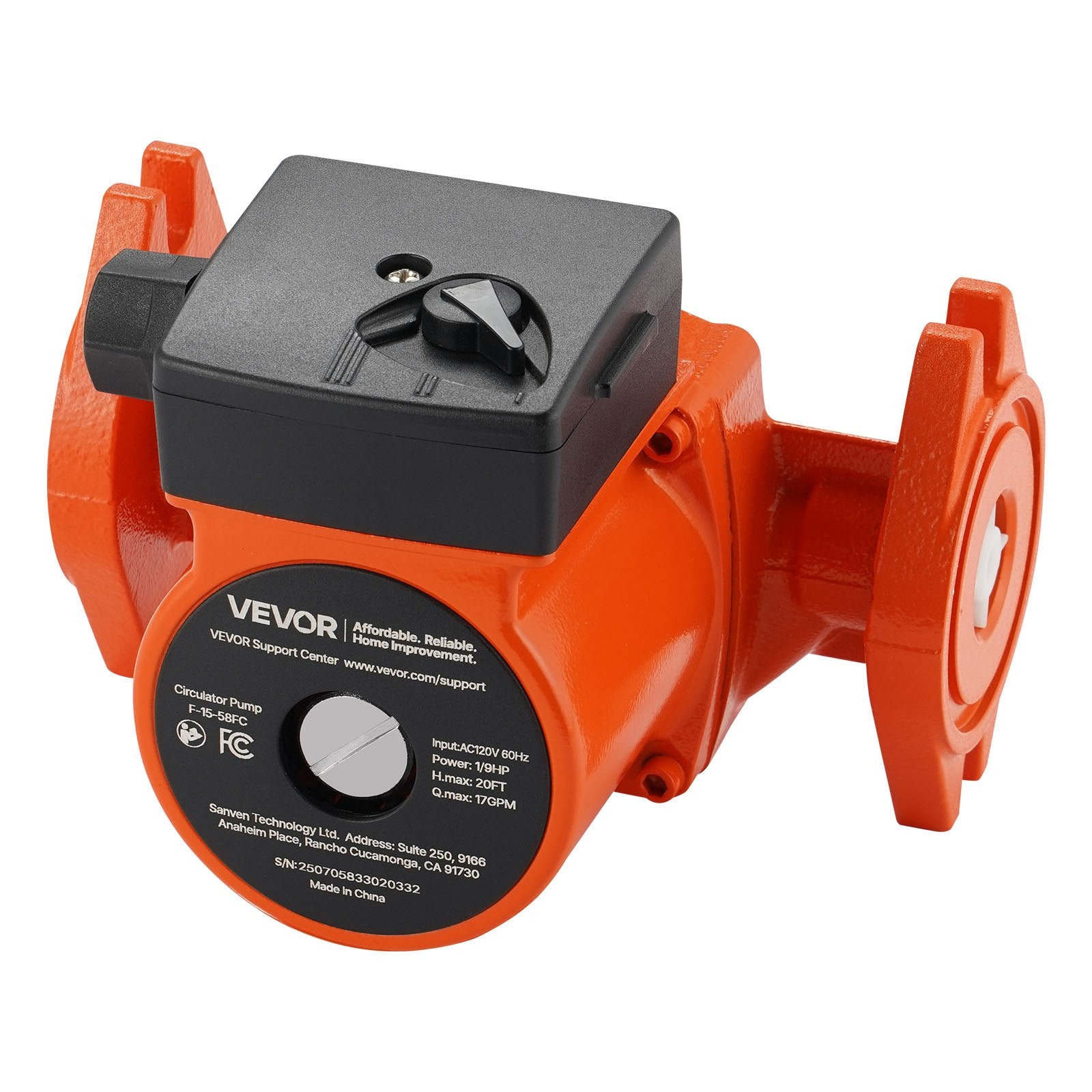 VEVOR 1/9 HP Cast Iron Circulator Pump - 17 GPM, 120V for Hot Water & Heating