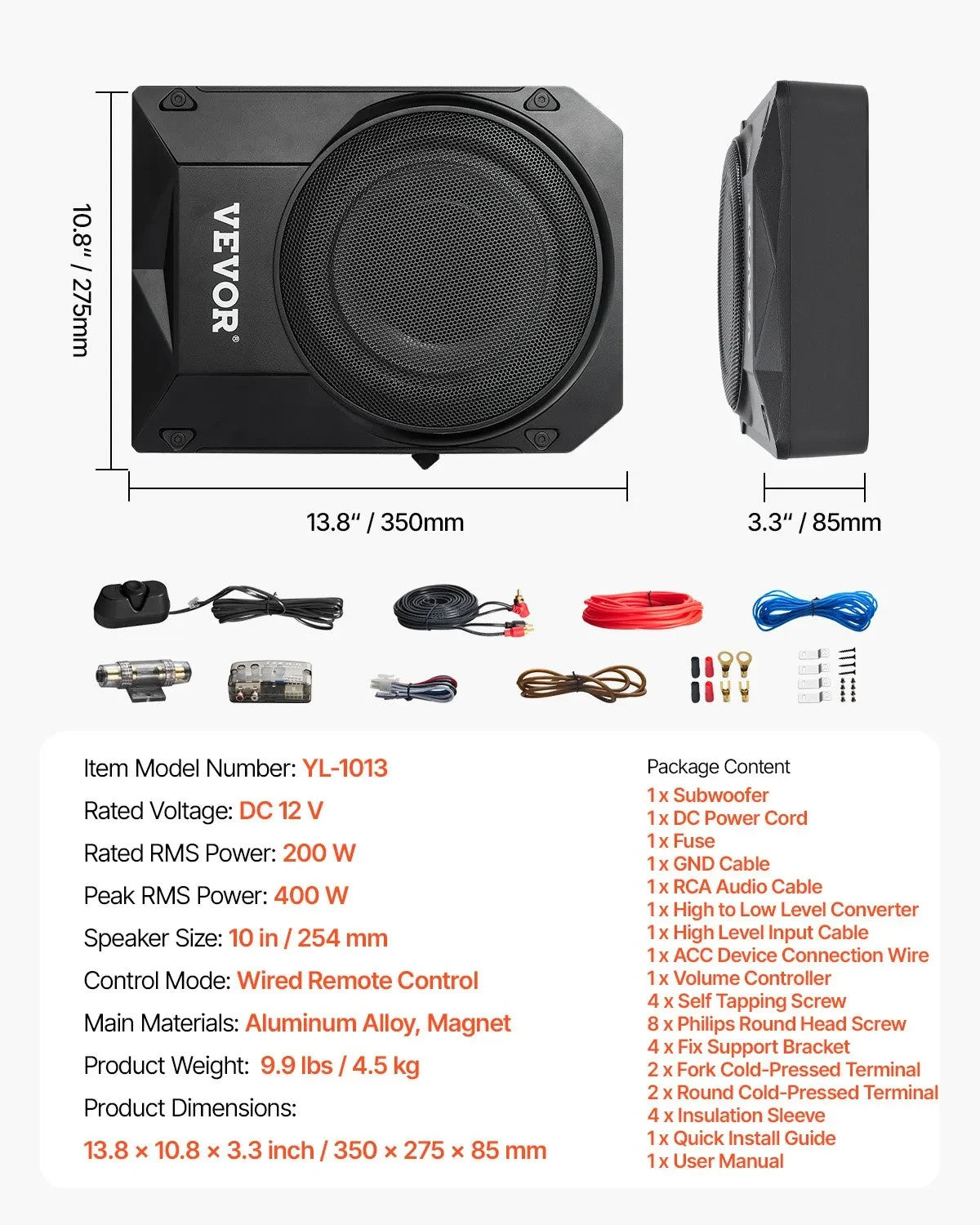 10" 400W Peak Under Seat Car Subwoofer - Slim Powered Car/Truck Subwoofer System