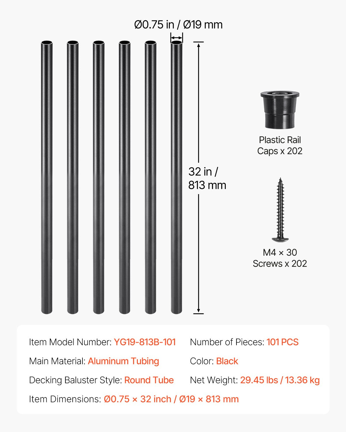 VEVOR Deck Balusters 101 Pack 32 in Aluminum Staircase Deck Spindles with Screws