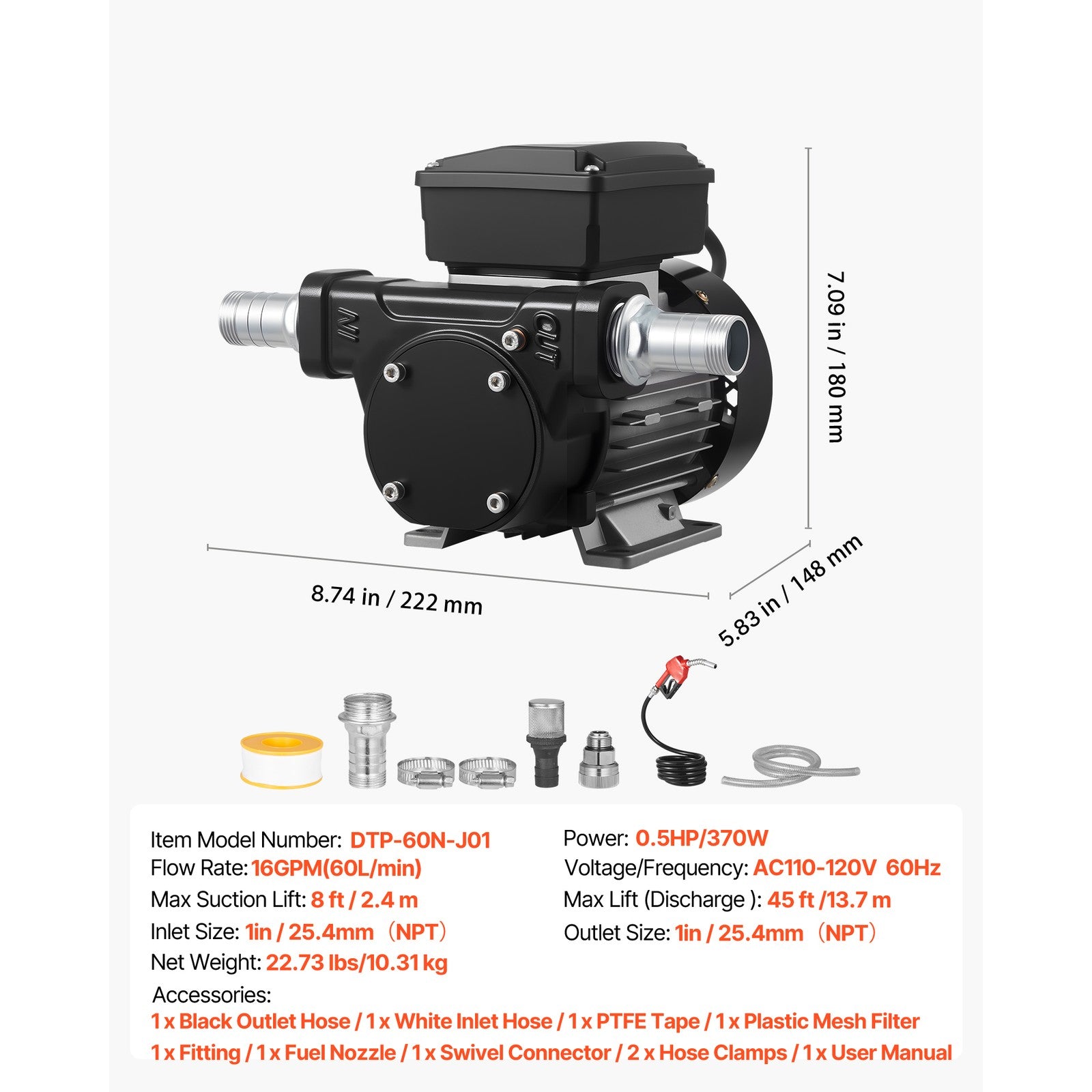 Uimoso Electric Fuel Transfer Pump 110V, 16 GPM, 60 L/min with Fuel Nozzle