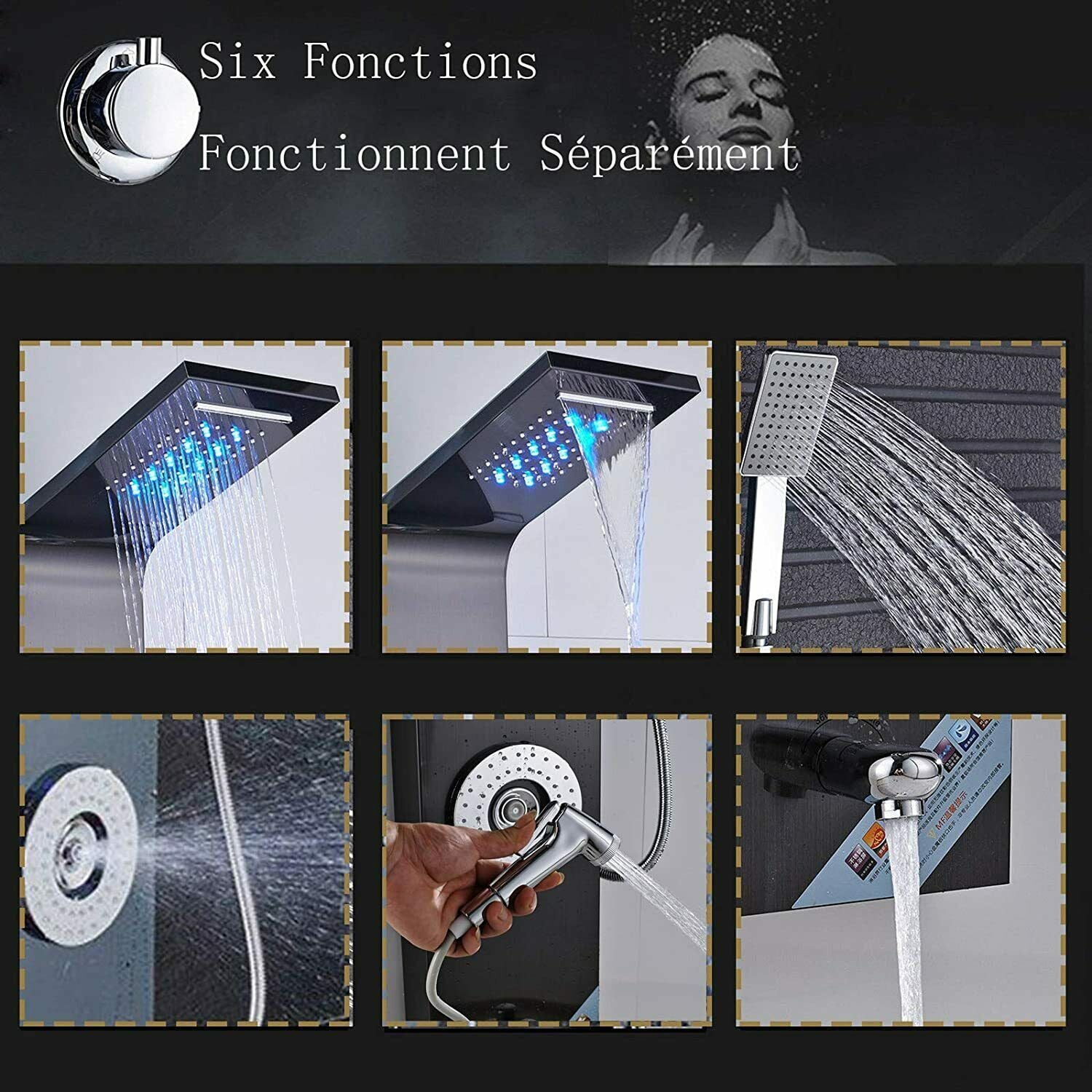 LED Shower Panel Tower Massage System Rain&Waterfall Jets Faucet Stainless Steel
