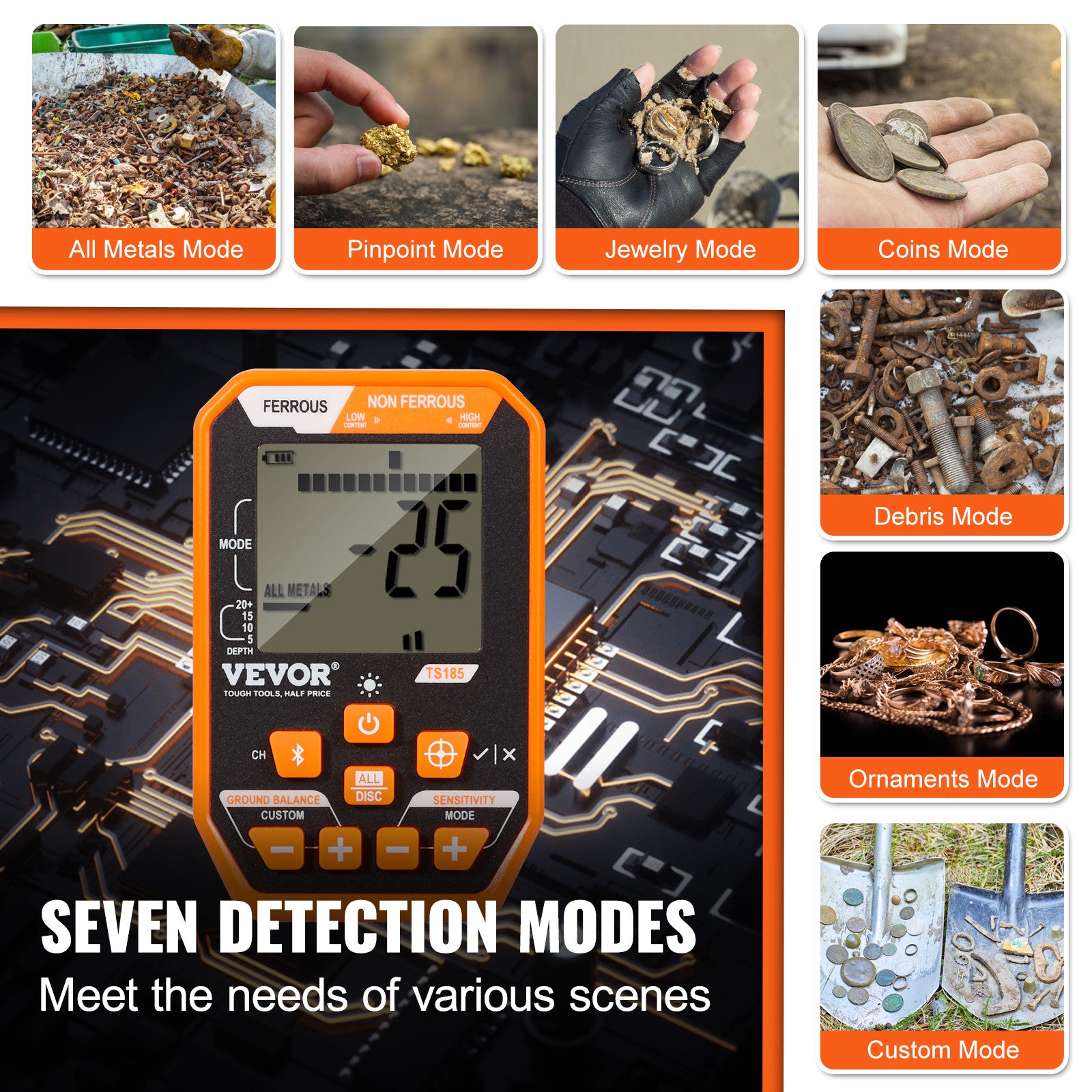 VEVOR Waterproof Metal Detector Professional Rechargeable Gold Detector 12" Coil
