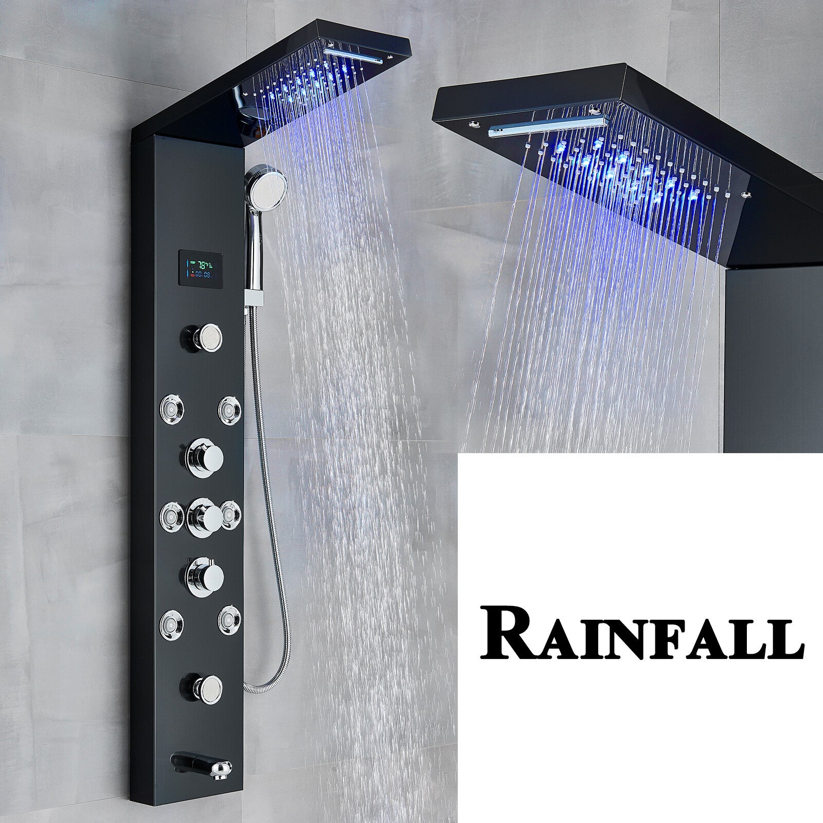 LED Shower Panel Tower Massage System Rain&Waterfall Jets Faucet Stainless Steel
