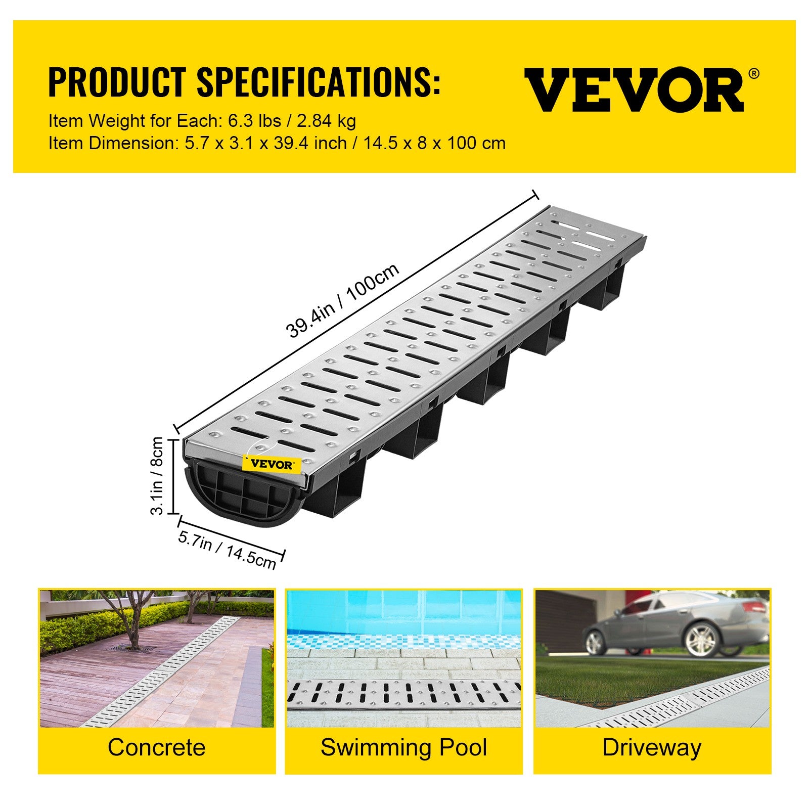 Drainage Trench Driveway Channel Drain Kit Metal Grate-5.8"x3.1"-5 Pack