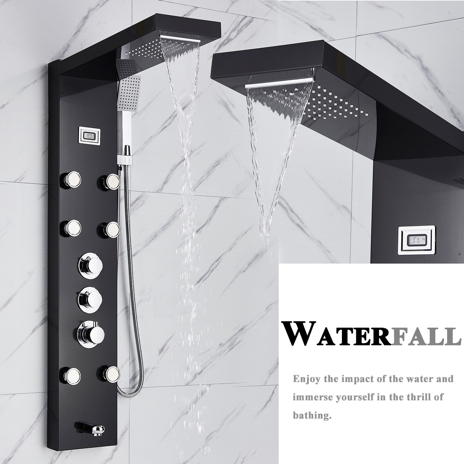 LED Shower Panel Tower Massage System Rain&Waterfall Jets Faucet Stainless Steel