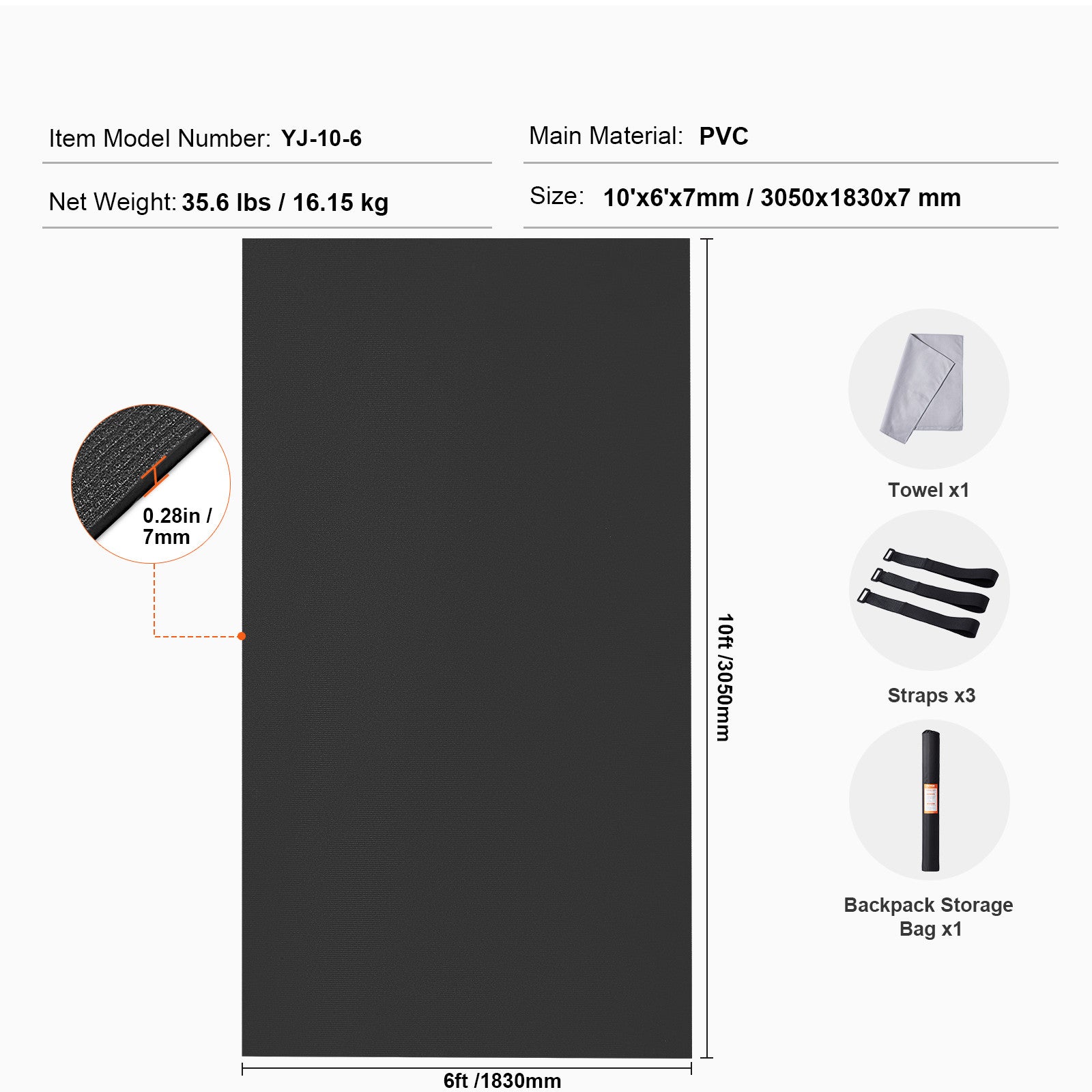VEVOR Exercise Mat Non Slip Yoga Mat Gym Fitness Pilate Workout Mat (10x6ft)