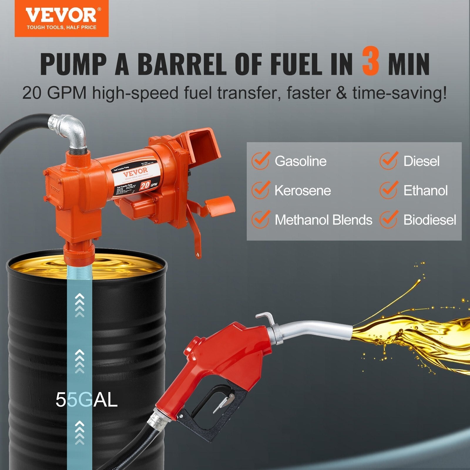 VEVOR Fuel Transfer Pump, 12V DC 20 GPM 1/4 HP, Gasoline Extractor Pump