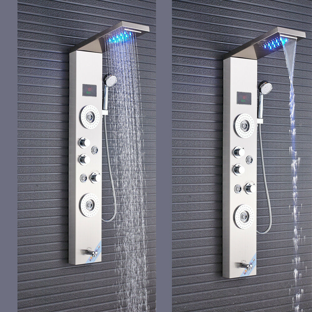 LED Shower Panel Tower Massage System Rain&Waterfall Jets Faucet Stainless Steel