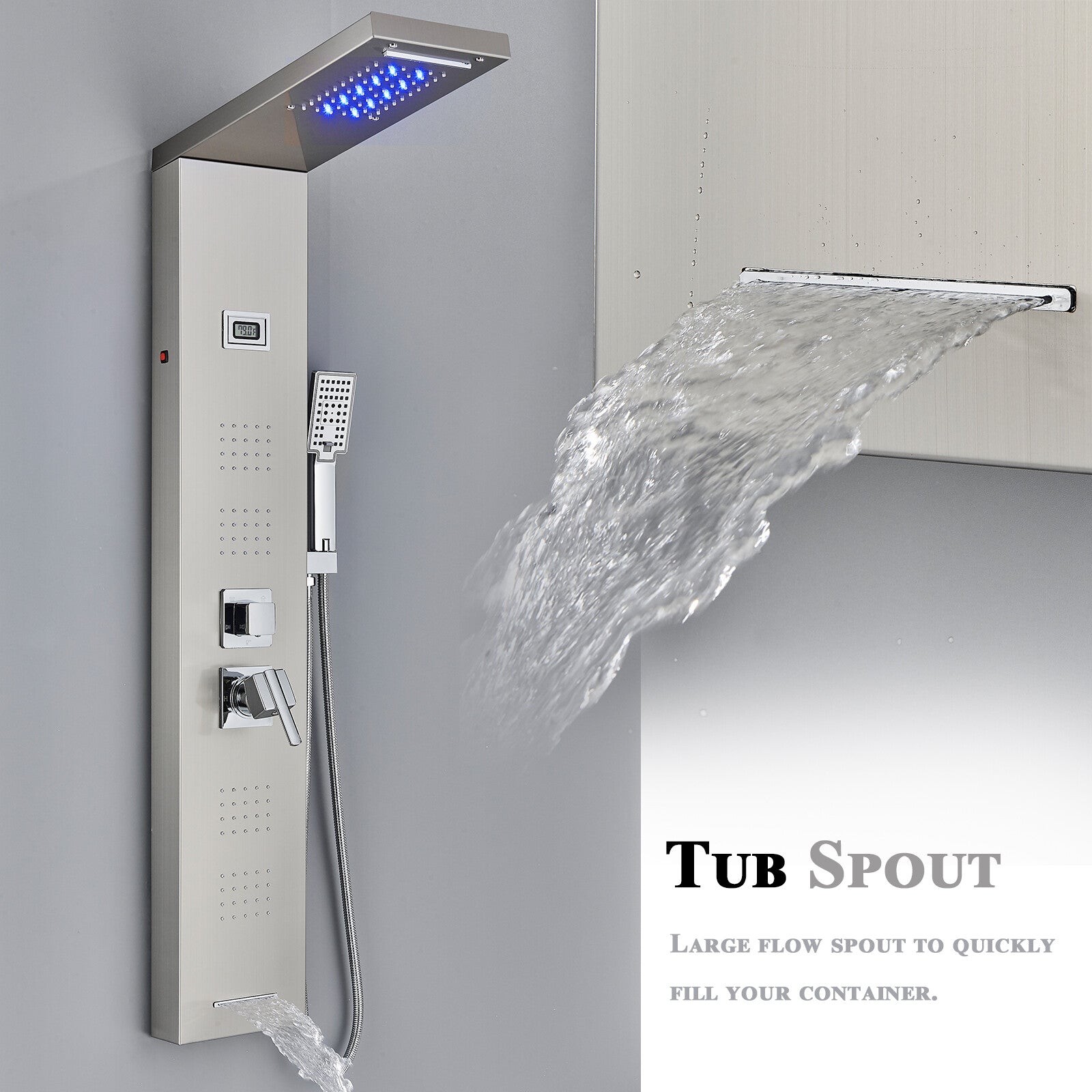 LED Shower Panel Tower Massage System Rain&Waterfall Jets Faucet Stainless Steel