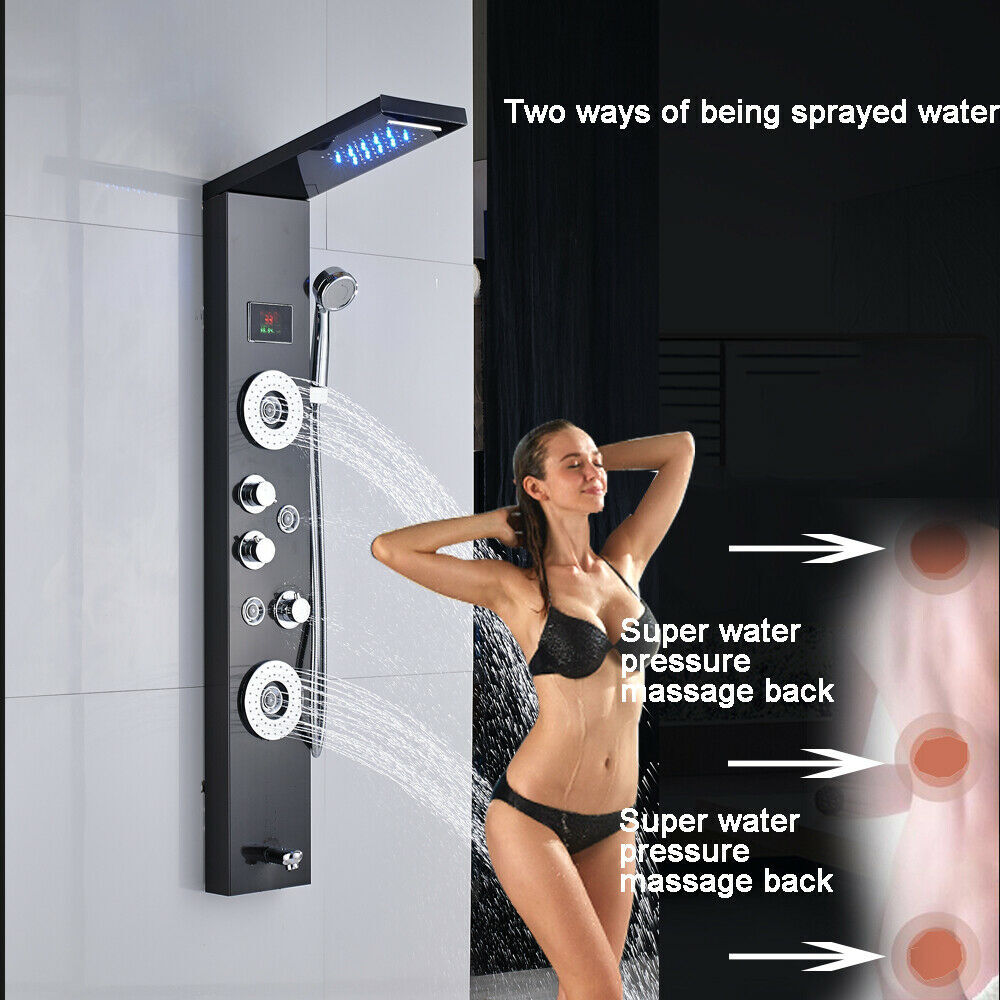 LED Shower Panel Tower Massage System Rain&Waterfall Jets Faucet Stainless Steel