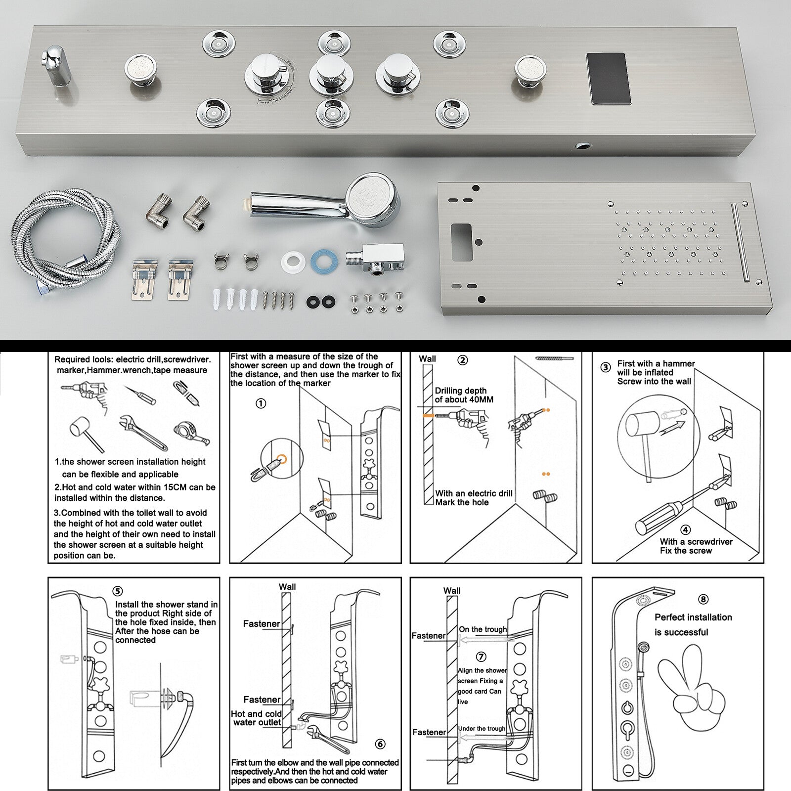 LED Shower Panel Tower Massage System Rain&Waterfall Jets Faucet Stainless Steel