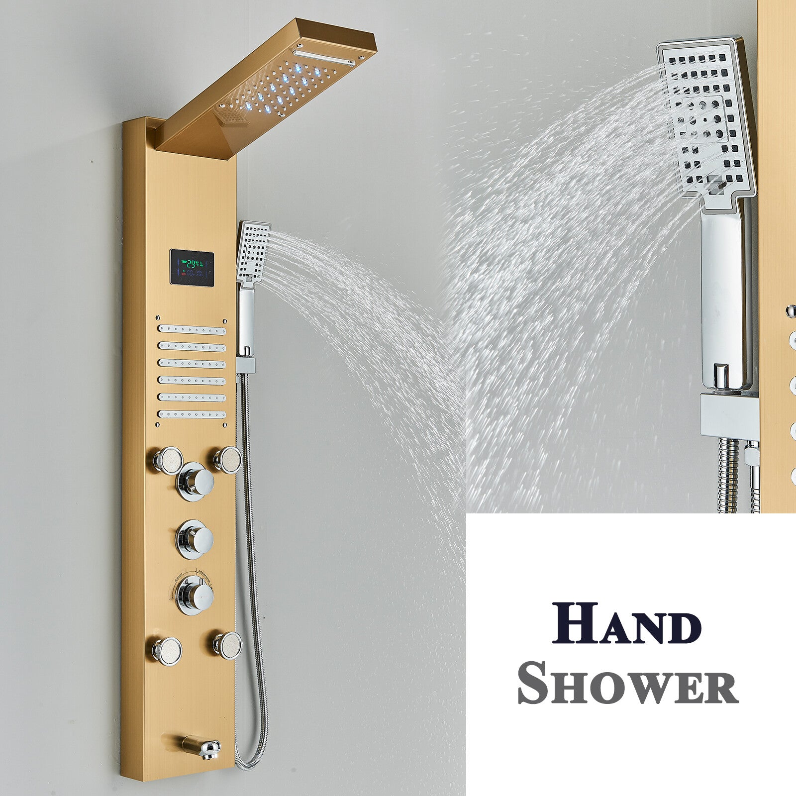 LED Shower Panel Tower Massage System Rain&Waterfall Jets Faucet Stainless Steel