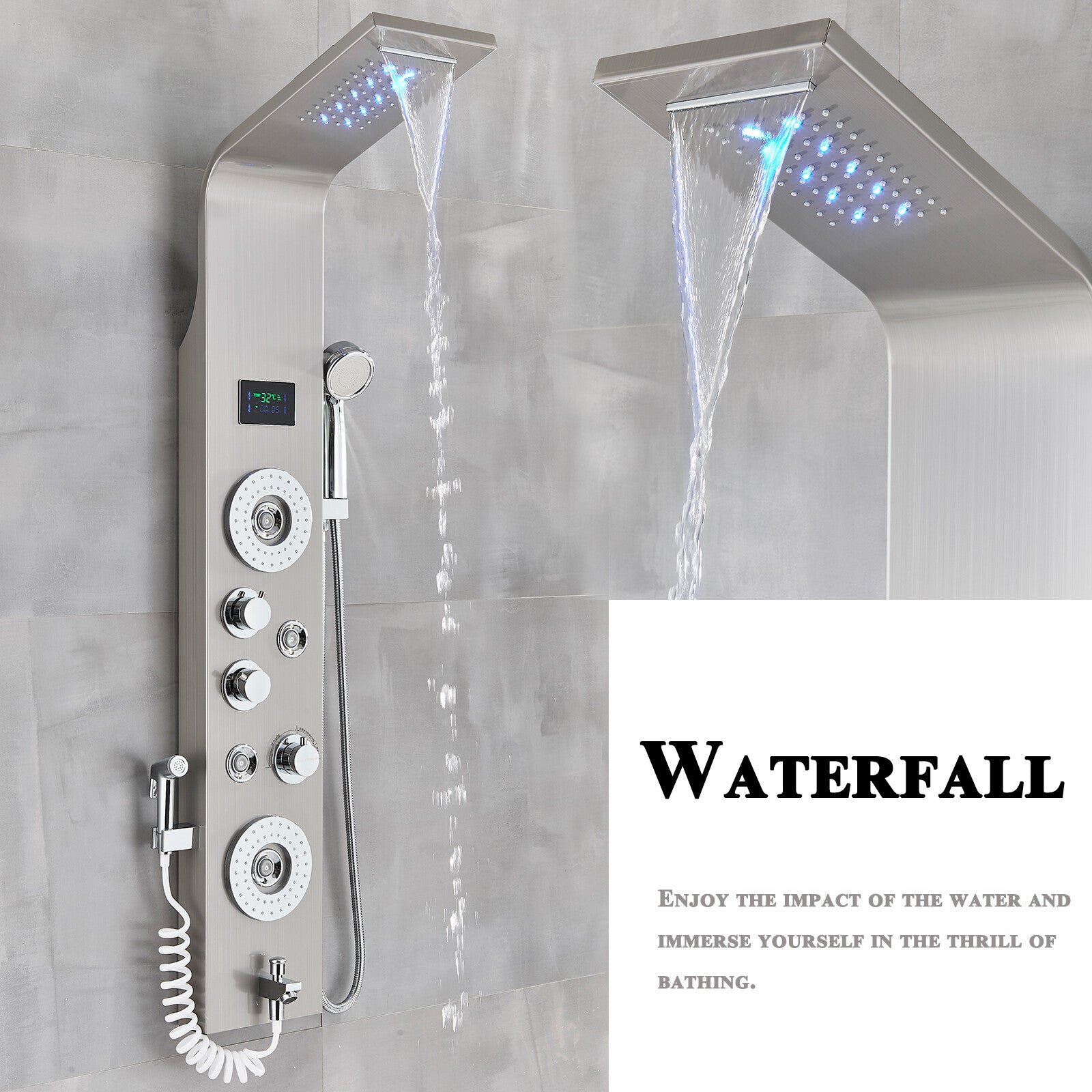 LED Shower Panel Tower Massage System Rain&Waterfall Jets Faucet Stainless Steel