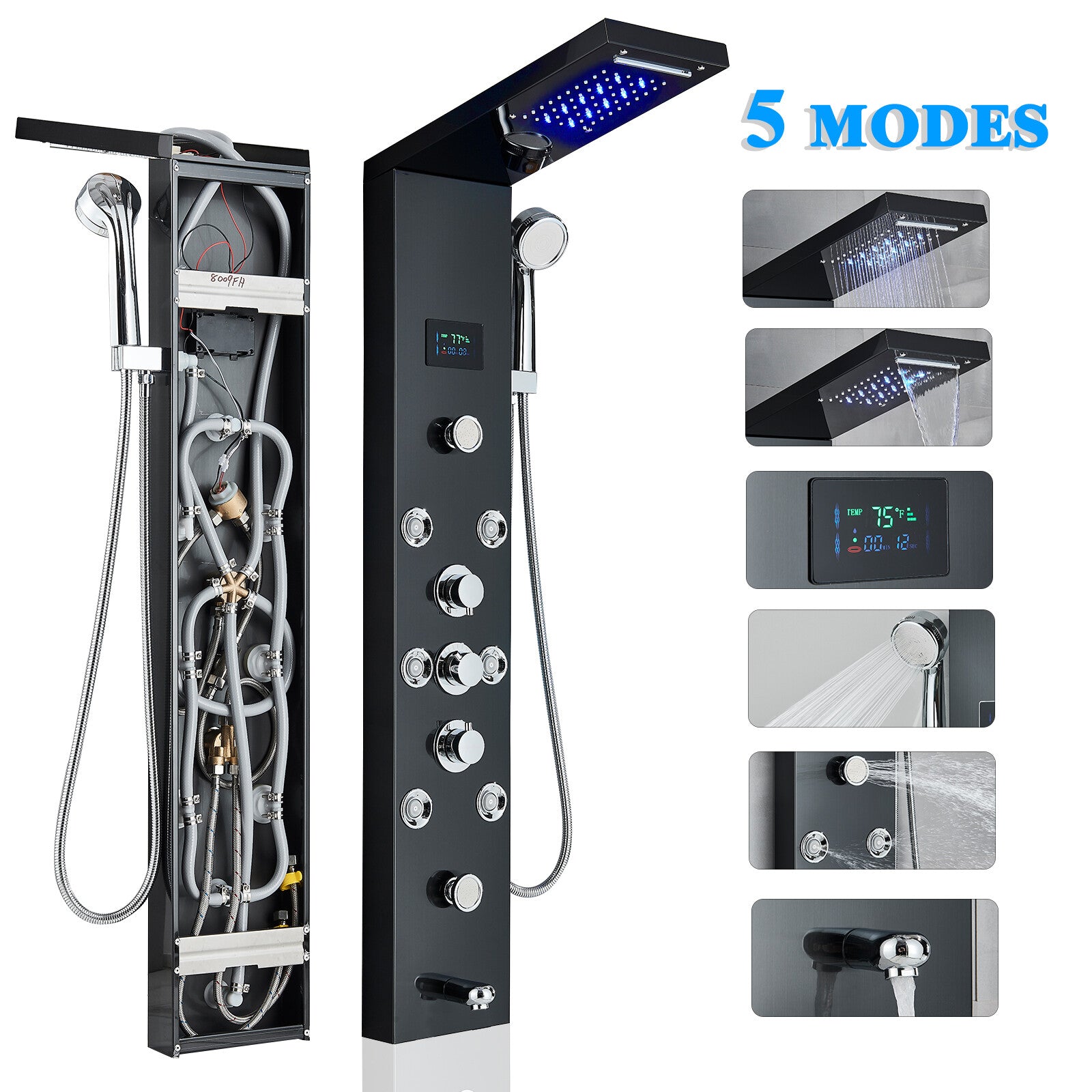 LED Shower Panel Tower Massage System Rain&Waterfall Jets Faucet Stainless Steel