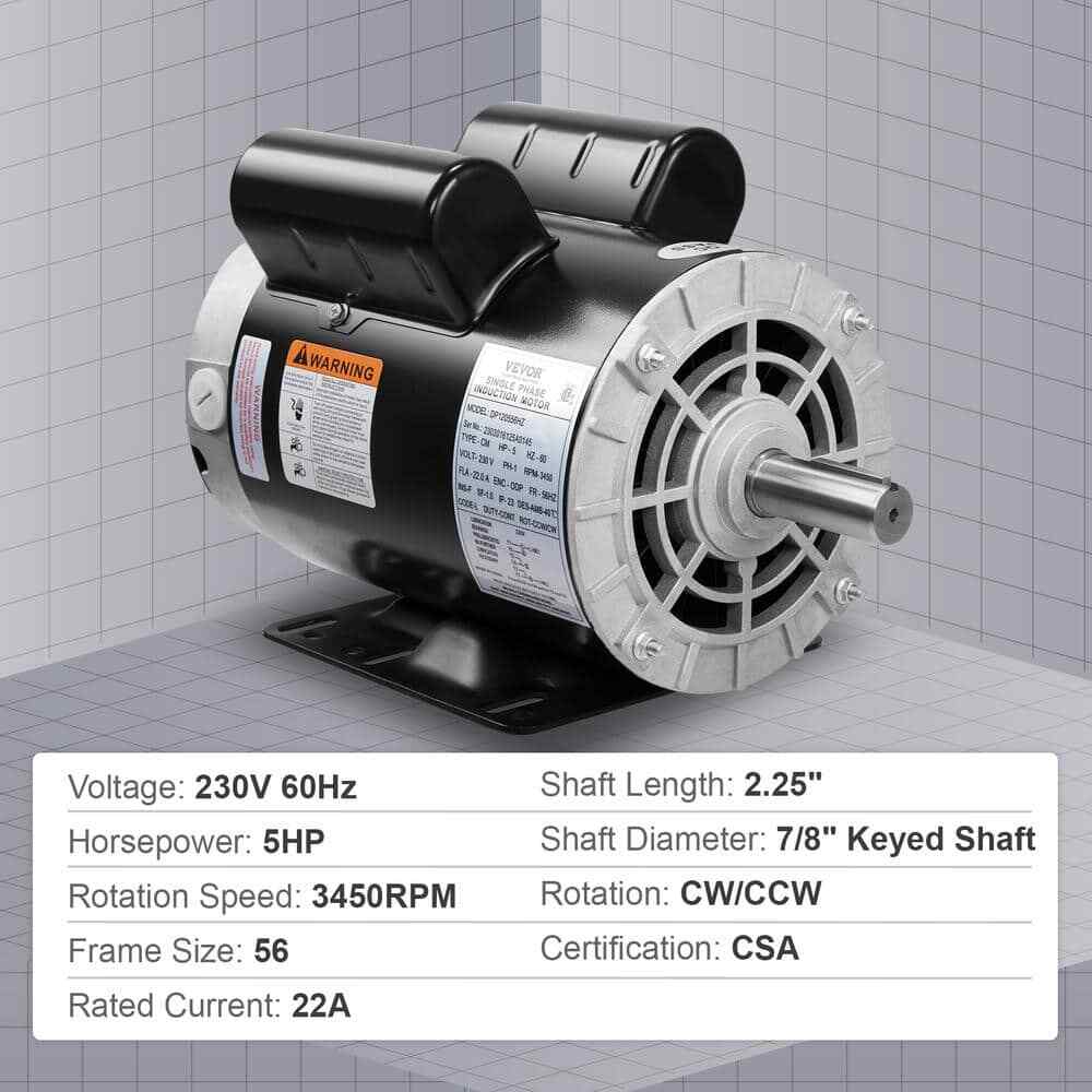 VEVOR 5HP Air Compressor Motor 3450 RPM Single Phase Electric Motor 7/8 in.