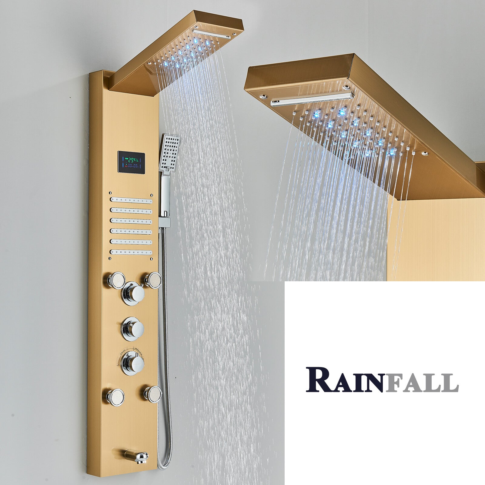LED Shower Panel Tower Massage System Rain&Waterfall Jets Faucet Stainless Steel