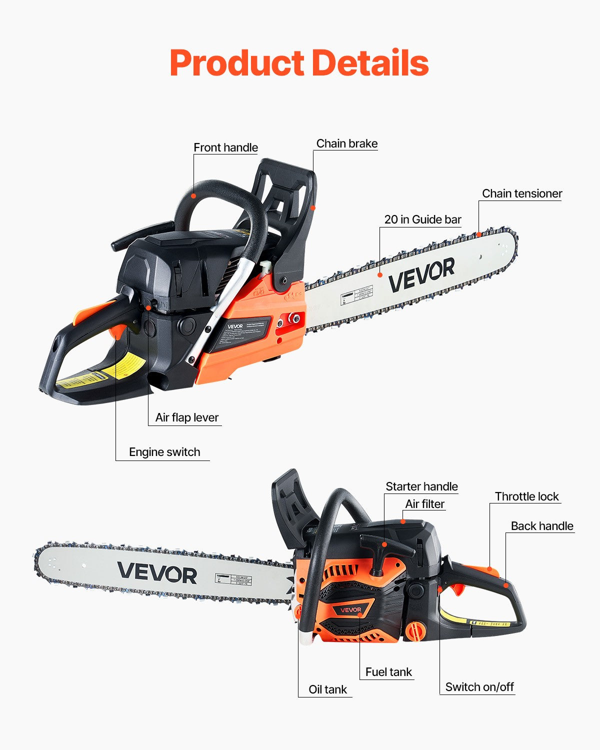VEVOR 58CC 20" Gasoline Chainsaw Gas Powered Wood Cutting Engine Gas Chain Saw